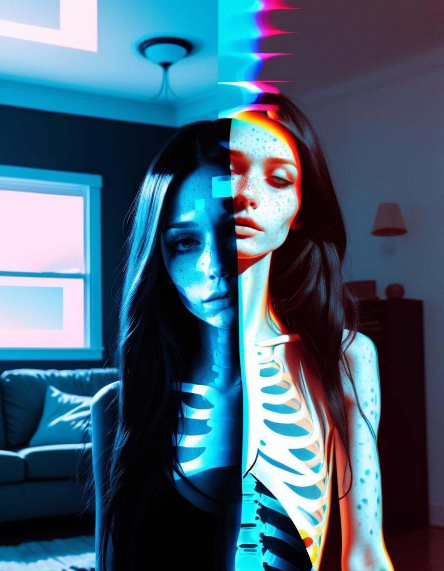 glitched misaligned photo with x-ray view, split screen image of eclipse overlay,  , ,,relaxing in messy house living room, very skinny woman with  black/white split dye long hair, heavy freckles, distorted image, neon LED geometric burn ins  , , light leaks, <lora:xray:1>