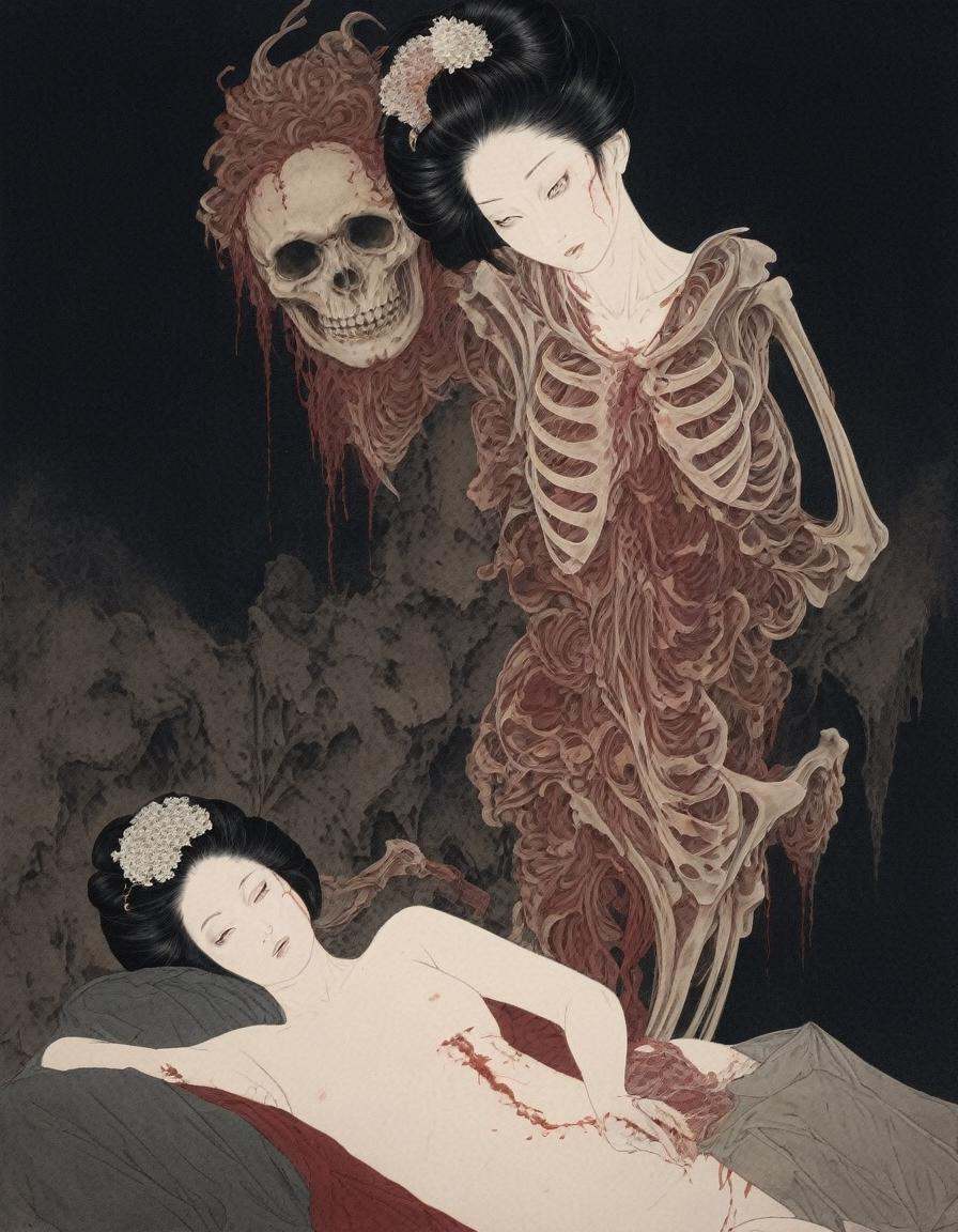 japanese line art    ,a geisha woman with Hemicorporectomy spinal cord visible dangling  feeding a woman blood from her arm , dripping blood, skeletal figures, gore, (aged black background:1.2) ,  weathered canvas and brushstroke  , (intricate eyeball  pattern background:1) , ,  bad  quality , low res,  , in the style of  takato yamamoto   unfinished, ugly, <lora:takma2:1.2>