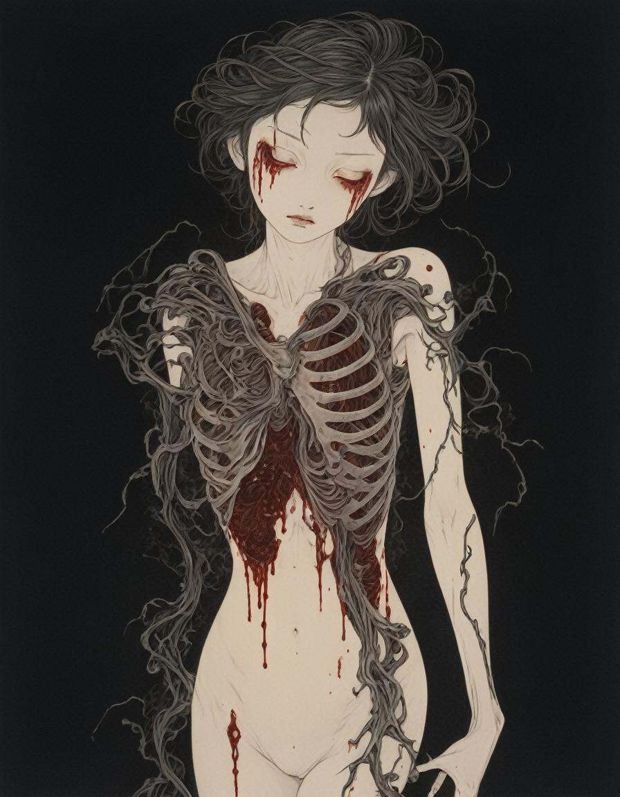 japanese line art    ,woman with exposed rib cage and flesh missing over eye, vines growing out of chest sprouting eyes, , dark ambiance , dripping blood, skeletal figures, gore, (aged black background:1.2) ,  weathered canvas and brushstroke  , (intricate eyeball  pattern background:1) , ,  bad  quality , low res,  , in the style of  takato yamamoto   unfinished, ugly, <lora:takma2:1.2>