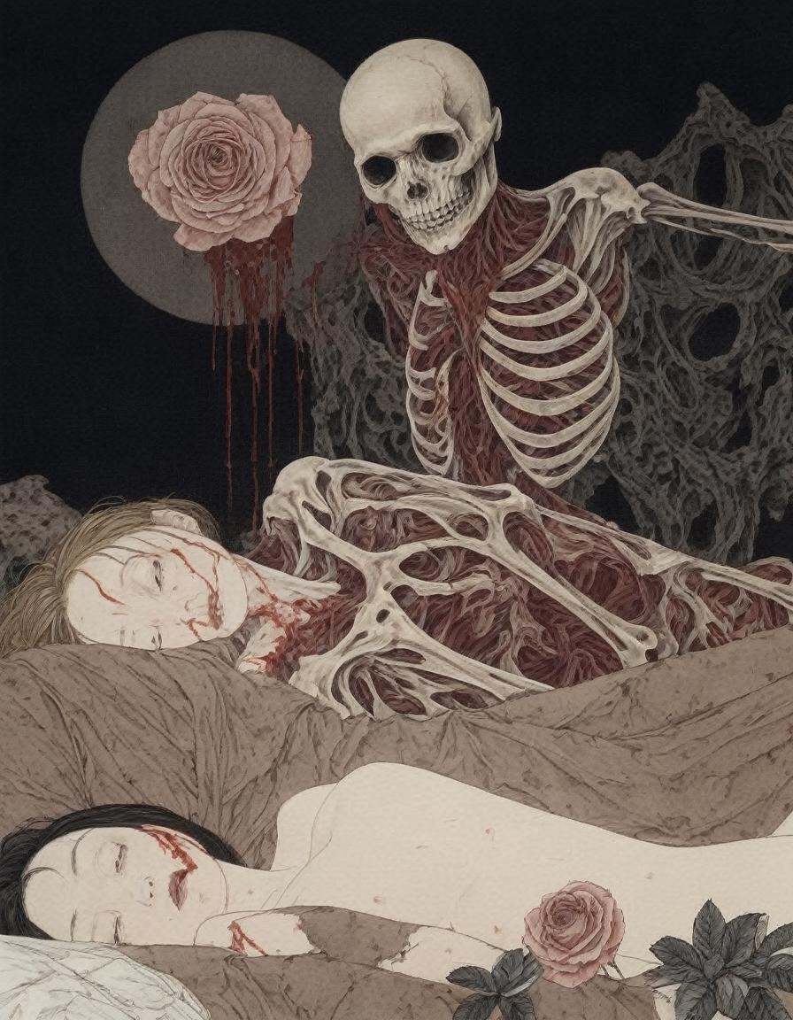 japanese line art    , two woman intertwined on a bed, floral patterns, roses, linen , (bloody face, dripping blood:1.2) , dripping blood, skeletal figures, gore, (aged black background:1.2) ,  weathered canvas and brushstroke  , (intricate eyeball  pattern background:1) , ,  bad  quality , low res,  , in the style of  takato yamamoto   unfinished, ugly, <lora:takma2:1.2>