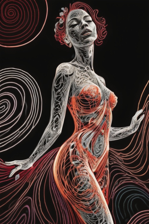 Opulent Lineart of A gorgeous woman in dress shape posing,  glow in the dark,  red muted colors on Tensor.Art