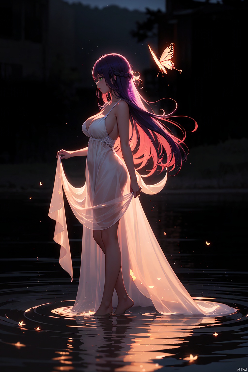 1girl,solo,long hair,breasts,large breasts,dress,cleavage,very long hair,green eyes,purple hair,white dress,staff,kp,full_body,standing,glowing,butterfly,reflection,water,night,bug,from side,profile