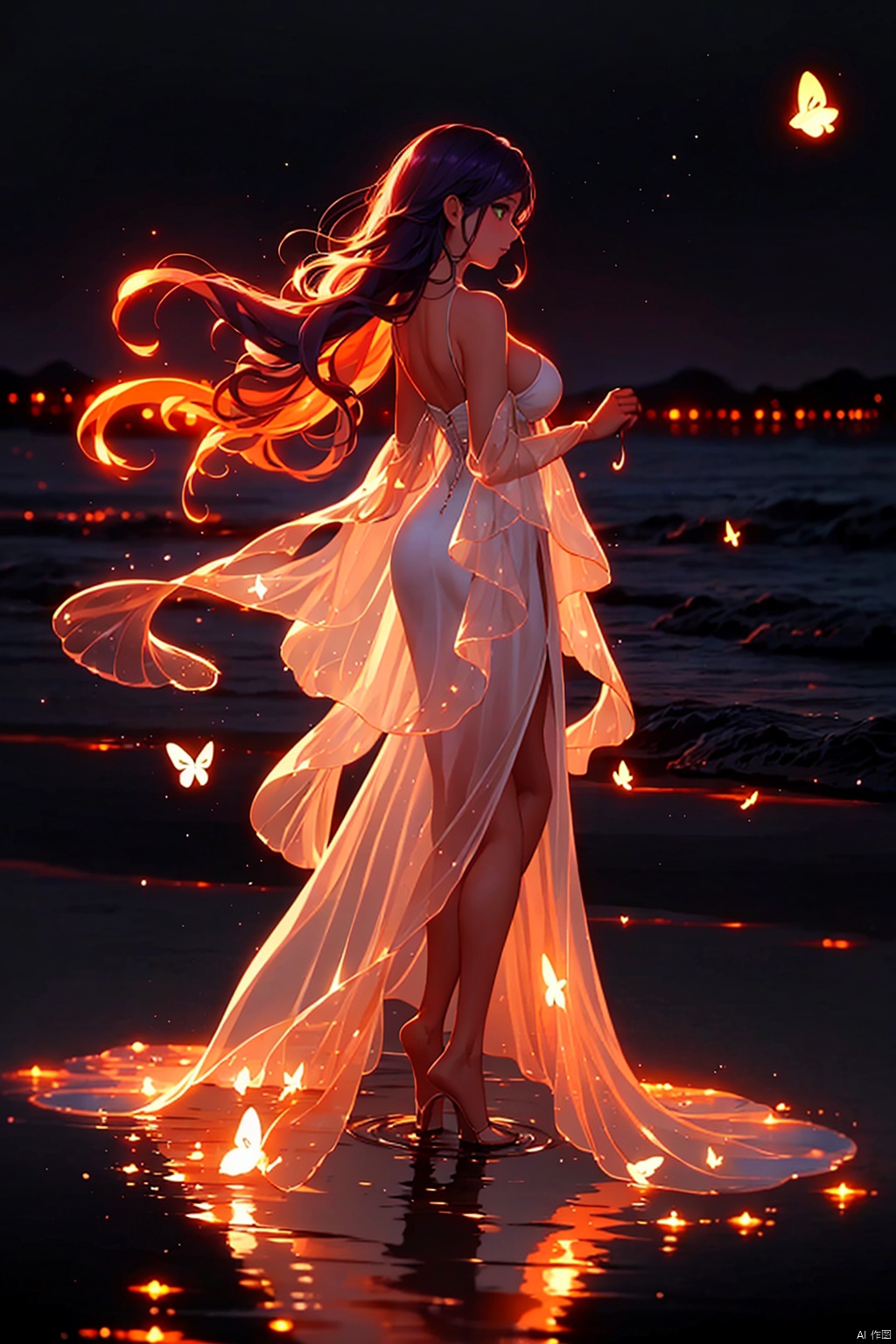 1girl,solo,long hair,breasts,large breasts,dress,cleavage,very long hair,green eyes,purple hair,white dress,staff,kp,full_body,standing,glowing,butterfly,reflection,water,night,bug,from side,profile, kp
