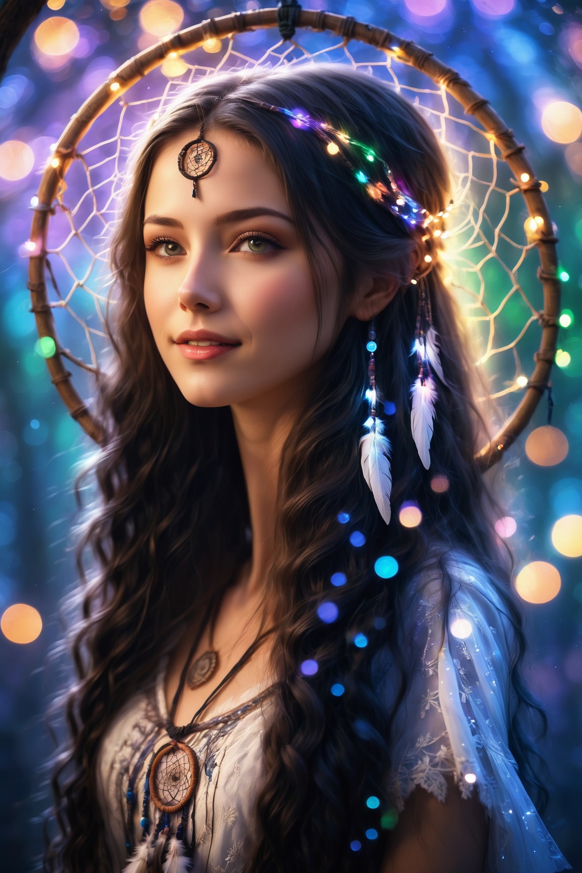 Masterpiece image of a beautiful girl with long knotted hair caught in the middle of a huge dream catcher,  divine proport...