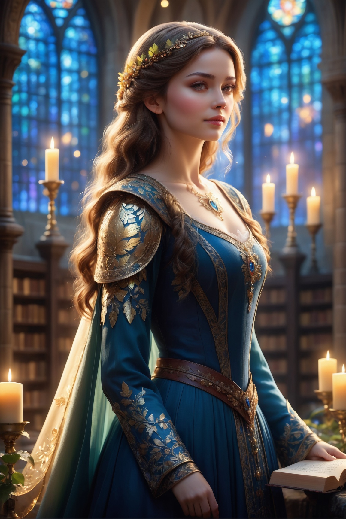 Generate a masterpiece image of a regal animated character with layered,  chestnut brown hair that cascades down her shoul...