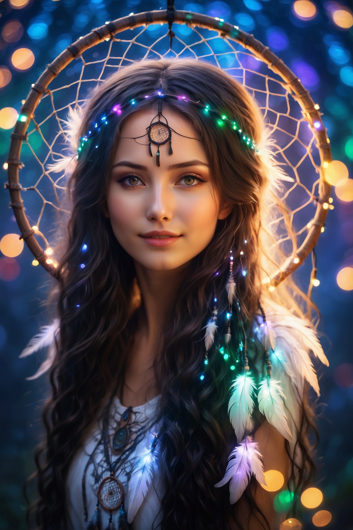 Masterpiece image of a beautiful girl with long knotted hair caught in the middle of a huge dream catcher,  divine proport...