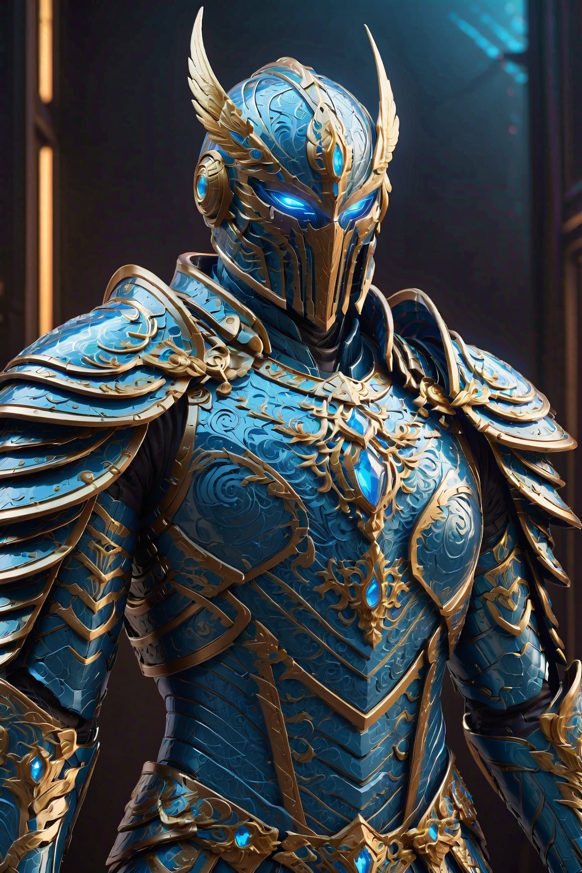 A futuristic suit of armor,  crafted from shimmering dimone crystals and adorned with intricate geometric patterns. The ar...