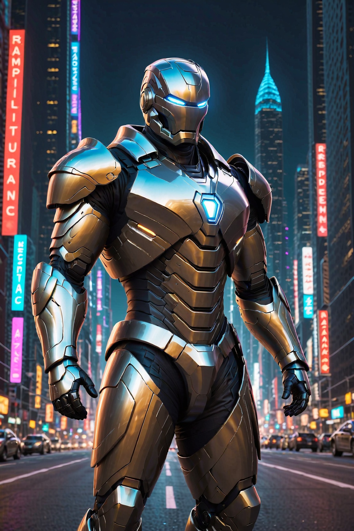 "A powerful Iron Man suit,  adorned with glowing repulsors and advanced weaponry,  standing tall and proud against a backd...