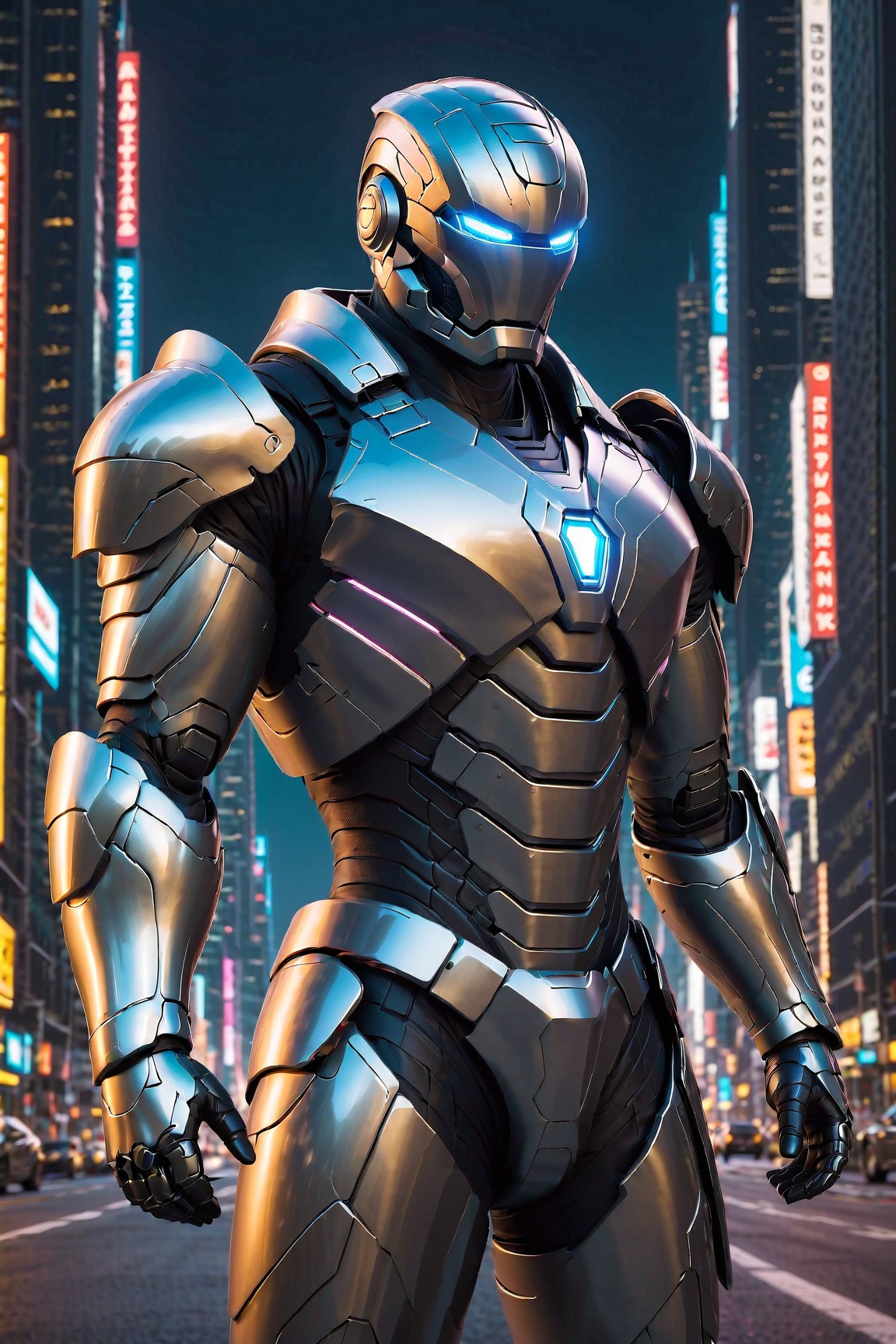 "A powerful Iron Man suit,  adorned with glowing repulsors and advanced weaponry,  standing tall and proud against a backd...