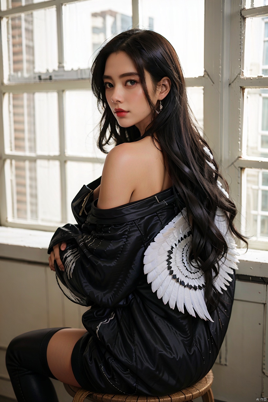 kll, 1girl, solo, black hair, long hair, jacket, sitting, looking back, off shoulder, realistic, looking at viewer, window, wings, black jacket, from behind, pantyhose
Masterpiece, best quality, 8k resolution, absurd, extremely detailed, highly detailed,
Ray tracing, telephoto lenses, movie angles