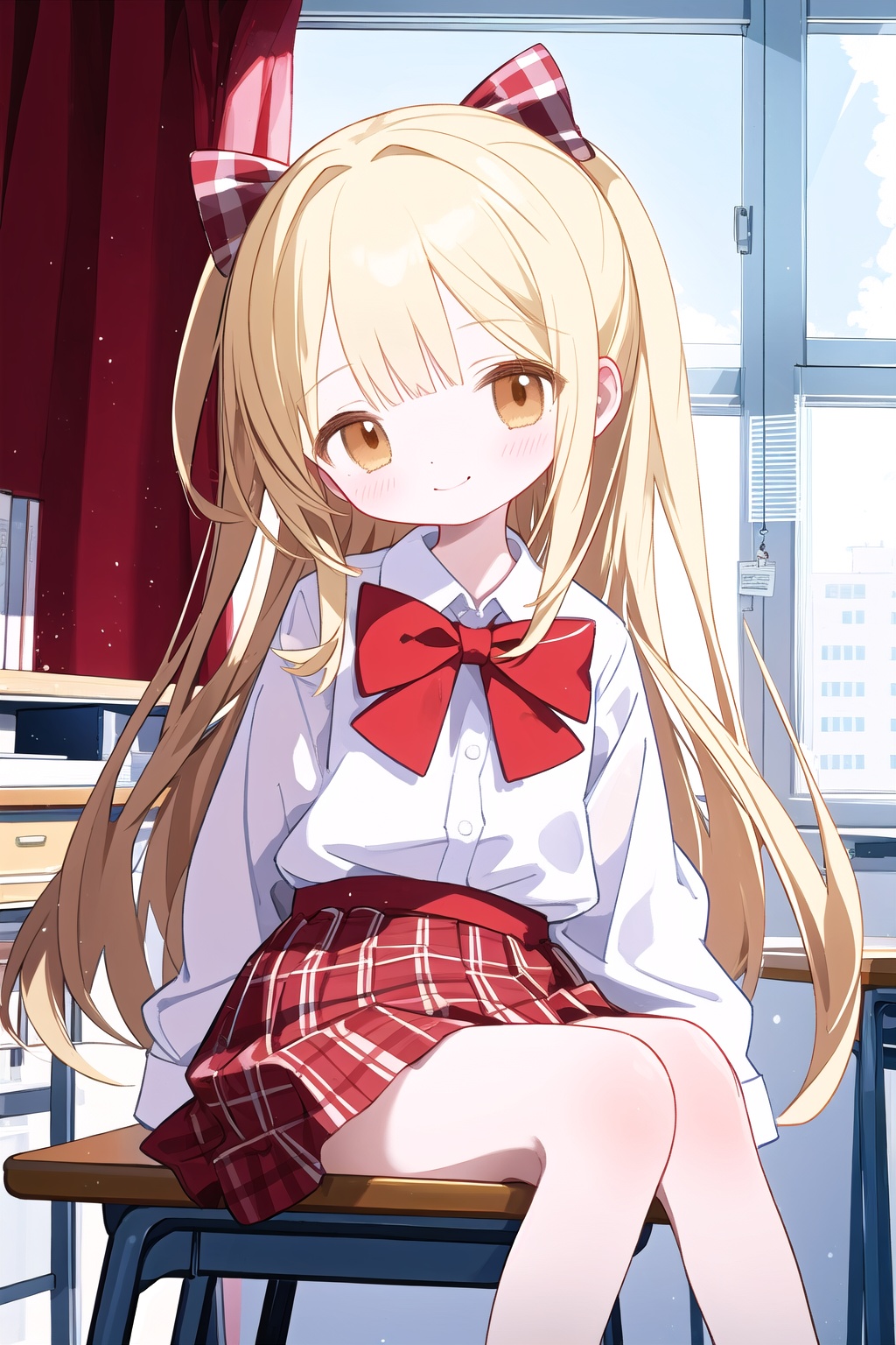 1girl, solo, long_hair, looking_at_viewer, blush, smile, bangs, skirt, blonde_hair, long_sleeves, bow, brown_eyes, sitting, very_long_hair, closed_mouth, school_uniform, yellow_eyes, white_shirt, pleated_skirt, collared_shirt, indoors, bowtie, red_bow, head_tilt, plaid, window, dress_shirt, feet_out_of_frame, plaid_skirt, sunlight, light_brown_hair, curtains, red_bowtie, desk, backlighting, hand_in_own_hair, brown_skirt, shirt_tucked_in, school_desk, on_desk, sitting_on_desk