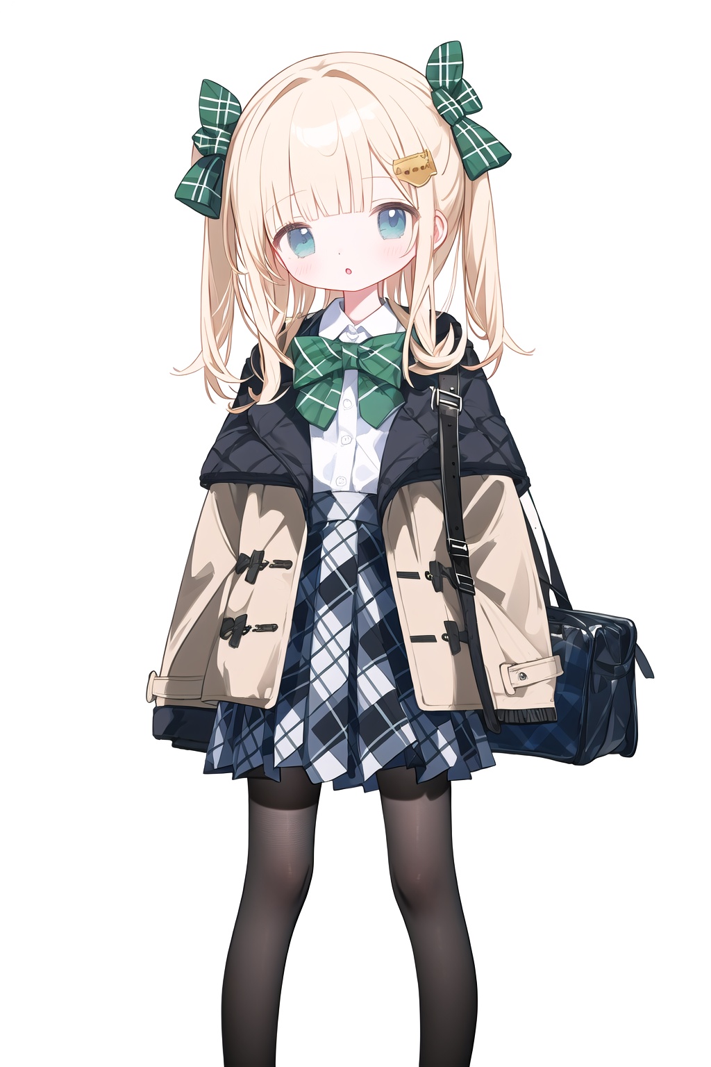 OMIC,1girl,loli,bag,bangs,fishnet_legwear,pantyhose,plaid,plaid_skirt,pleated_skirt,skirt,solo,unmoving_pattern,long_hair,looking_at_viewer,shirt,hair_ornament,long_sleeves,bow,standing,jacket,hair_bow,parted_lips,open_clothes,blunt_bangs,medium_hair,:o,coat,sleeves_past_wrists,open_coat,simple_background,beige_background,