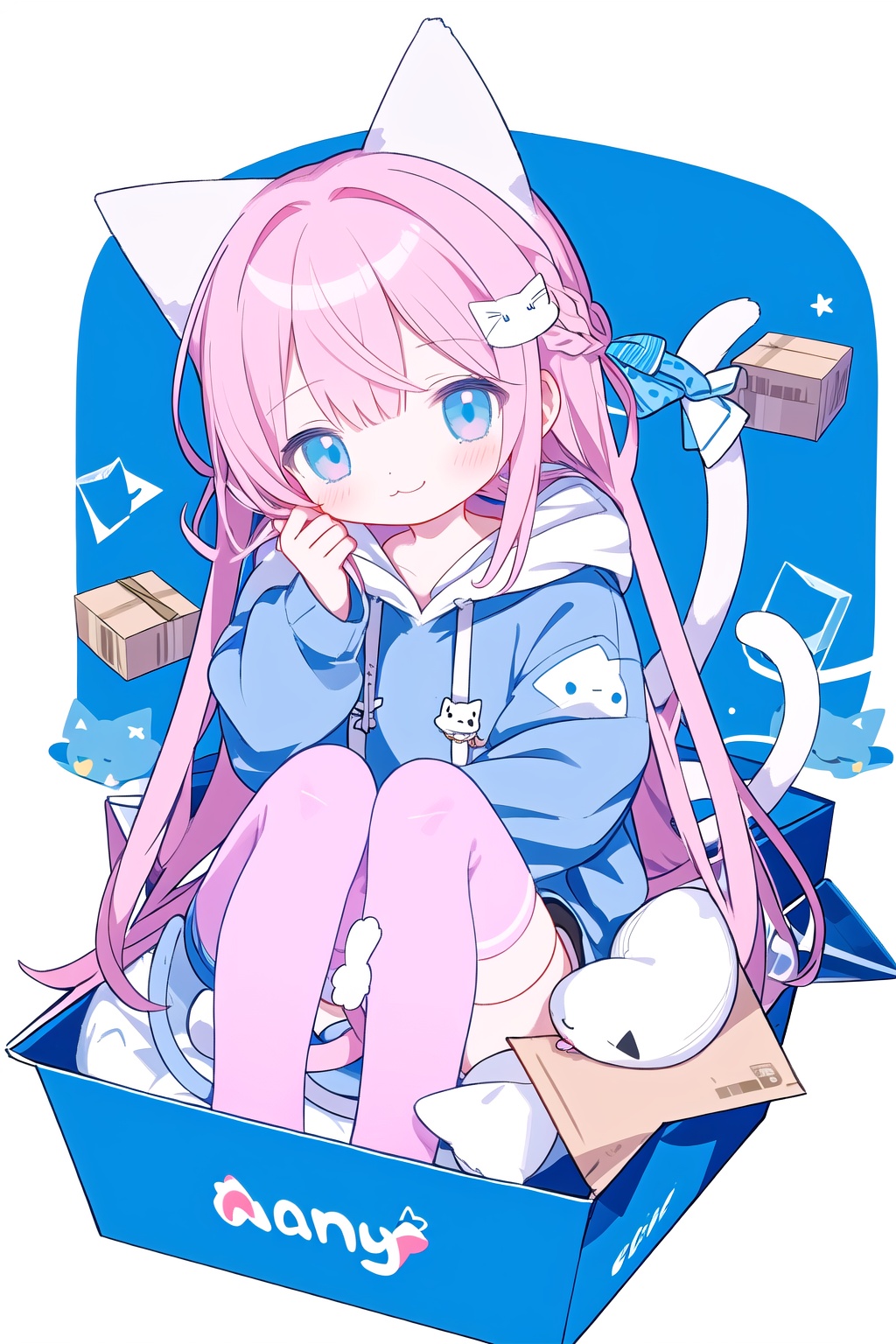 1girl, solo, long hair, looking at viewer, smile, bangs, blue eyes, simple background, hair ornament, thighhighs, long sleeves, white background, animal ears, sitting, very long hair, closed mouth, tail, pink hair, braid, hairclip, black thighhighs, cat ears, hood, cat tail, animal ear fluff, torn clothes, hoodie, :3, feet out of frame, animal, cat, hood down, cat girl, box, between legs, fish, hand between legs, drawstring, in container, white hoodie, cardboard box, in box, stuffed cat, cat print, fish hair ornament, animal ear legwear, cat ear legwear