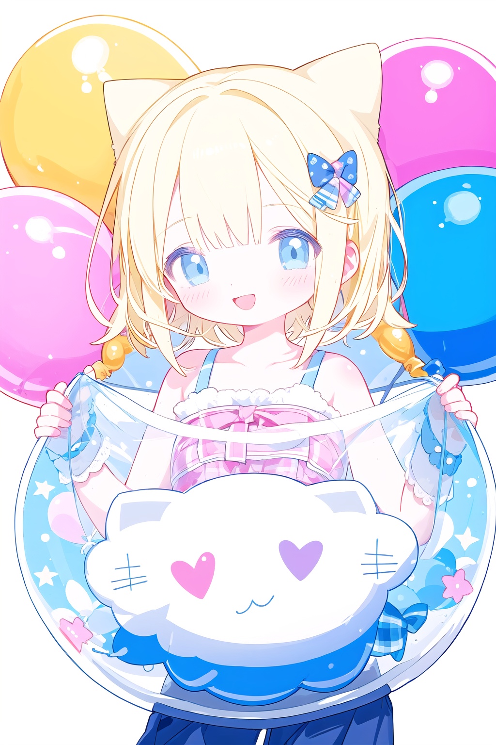 1girl,cute,cute,happy,cat,balloon,clearness,short hair,long hair,blonde hair,