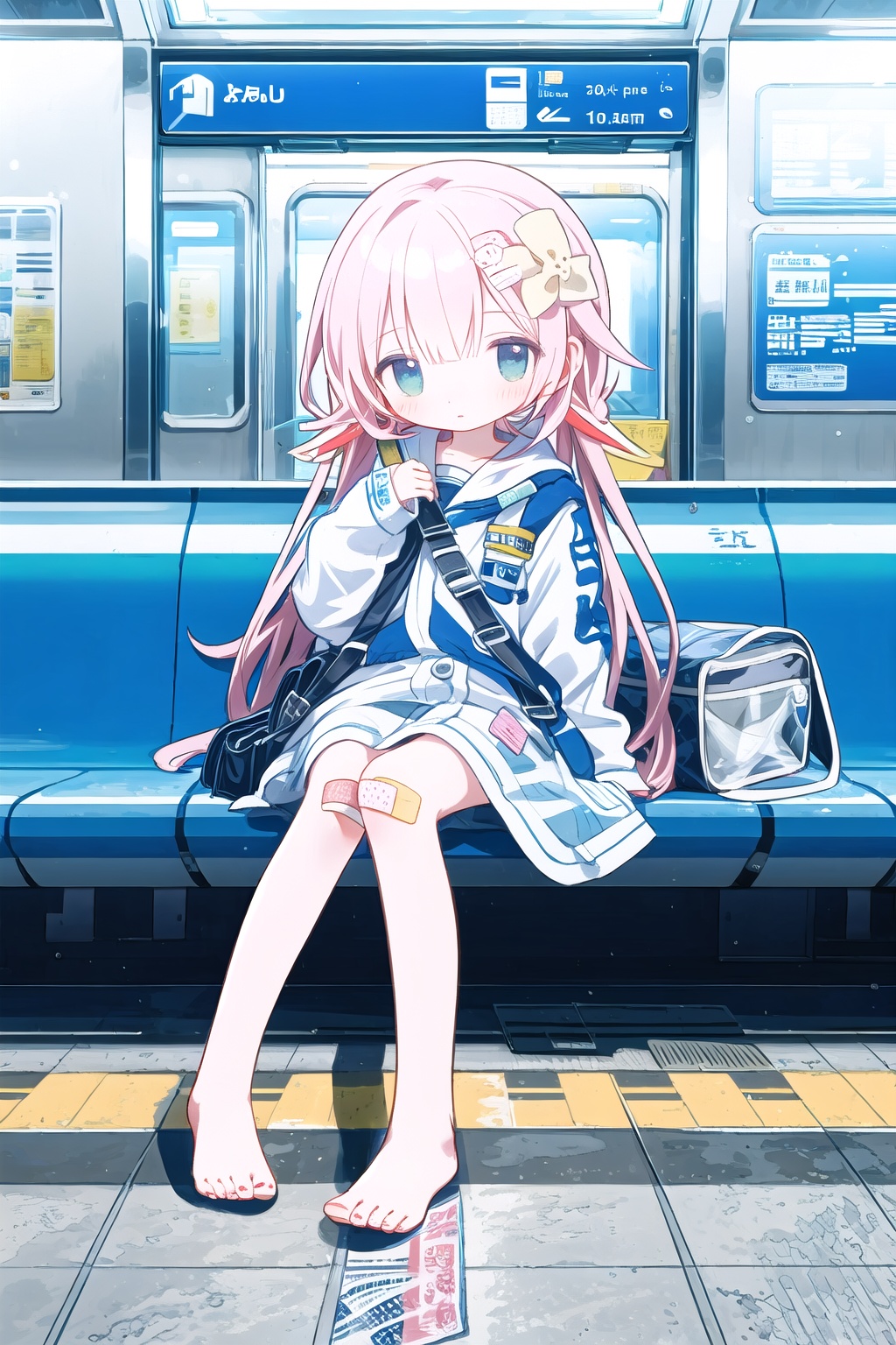 loli,transparent,bandaid on cheek,barefoot,subway station,
