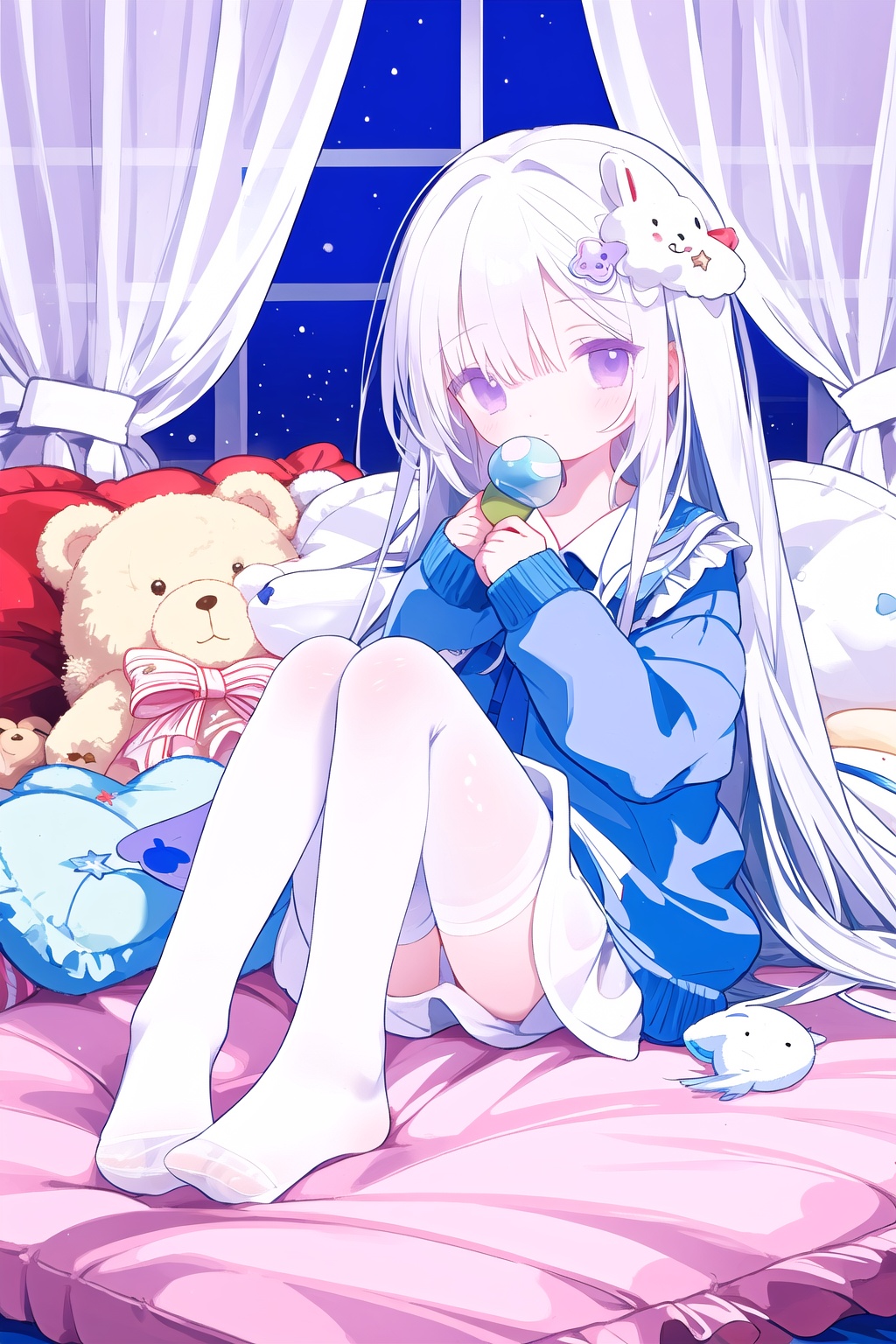 foot focus, 1girl, no shoes, pantyhose, white pantyhose, solo, long hair, purple eyes, soles, feet, stuffed toy, stuffed animal, white hair, long sleeves, looking at viewer, bangs, sitting, closed mouth, very long hair, sleeves past wrists, shirt, toes, blue shirt, foreshortening, full body, legs, teddy bear, knees up, curtains