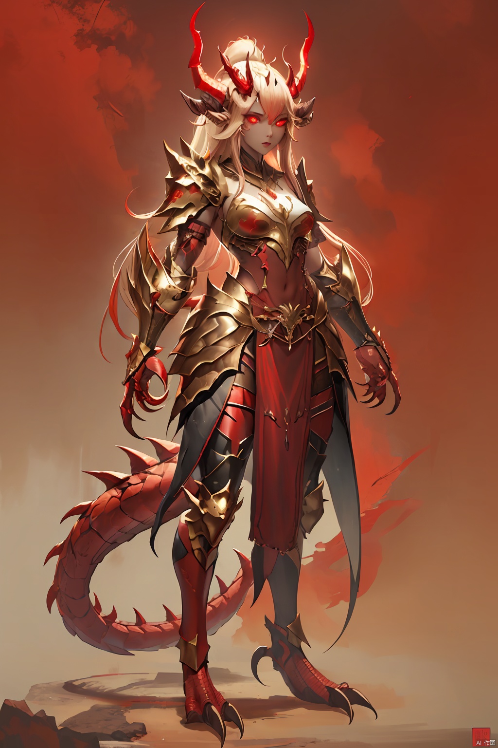 long, 1girl, horns, solo, armor, claws, tail, shoulder armor, standing, full body, pauldrons, red eyes, gauntlets, scales, monster girl, colored skin, looking at viewer, red theme, glowing eyes