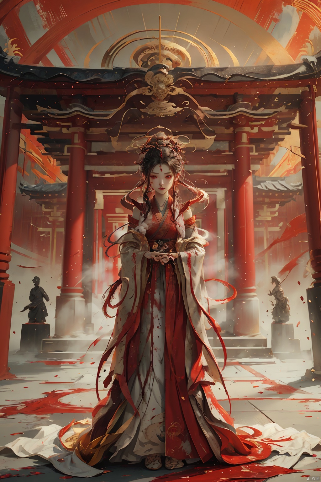 long, solo, robe, standing, 1girl, wide sleeves, full body, snake, male focus, pillar, long sleeves, colored skin, own hands together, jewelry, torii, praying, blood, halo, statue, red theme, 1girl, white robe, long hair