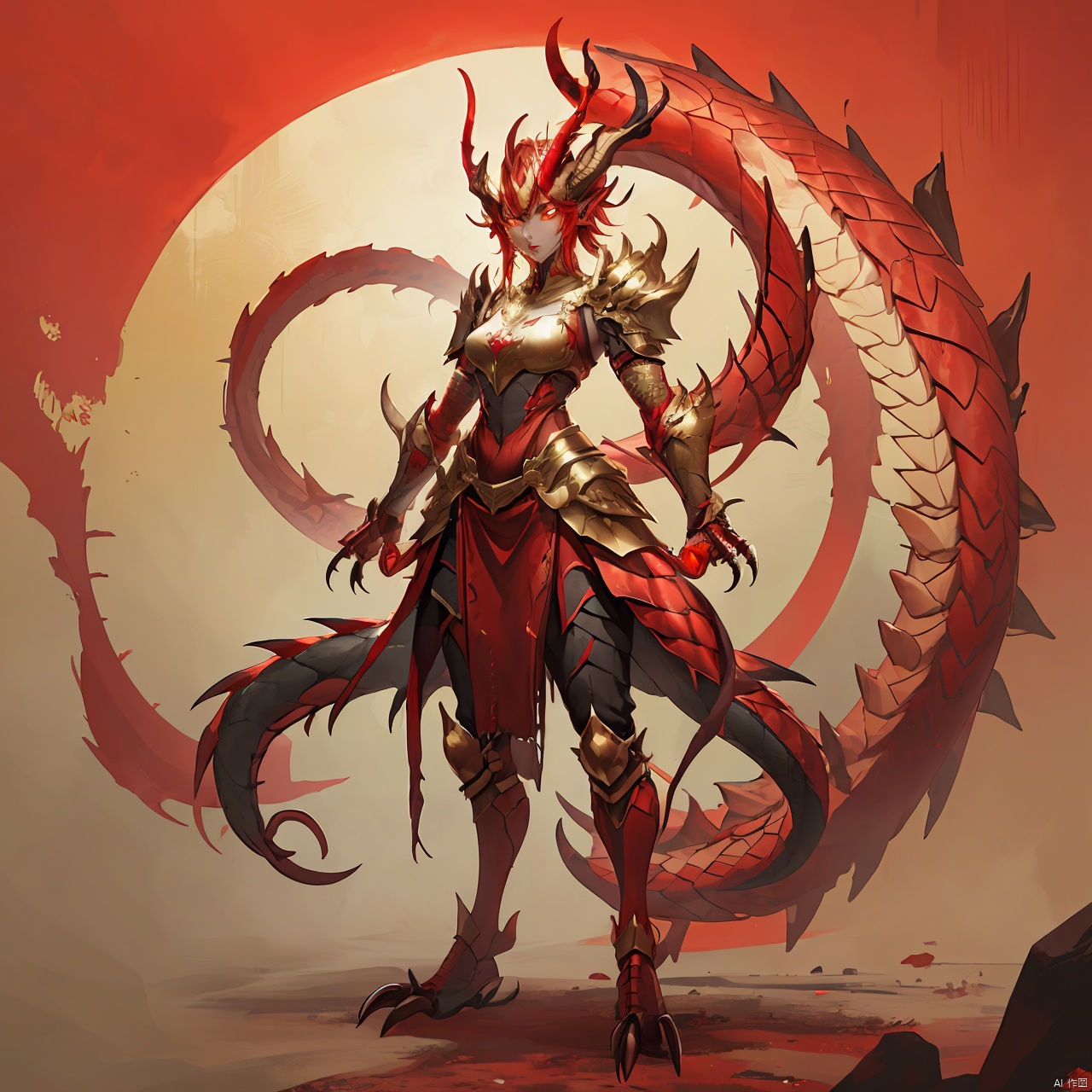 long, 1girl, horns, solo, armor, claws, tail, shoulder armor, standing, full body, pauldrons, red eyes, gauntlets, scales, monster girl, colored skin, looking at viewer, red theme, glowing eyes