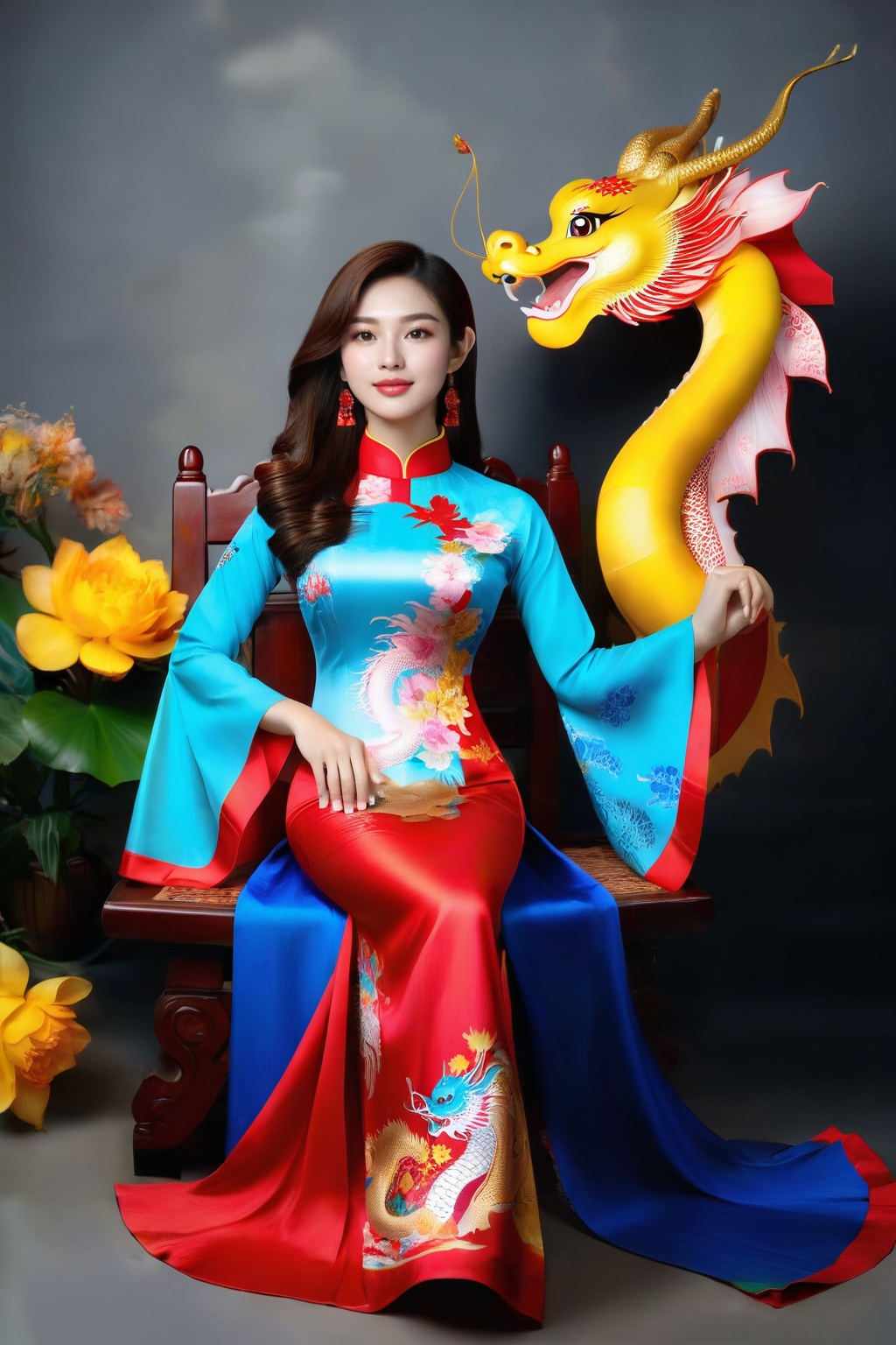 A portrait of a beautiful Vietnamese girl in a blue yellow ao dai with dragon and floral pattern,  is seated on a wooden c...