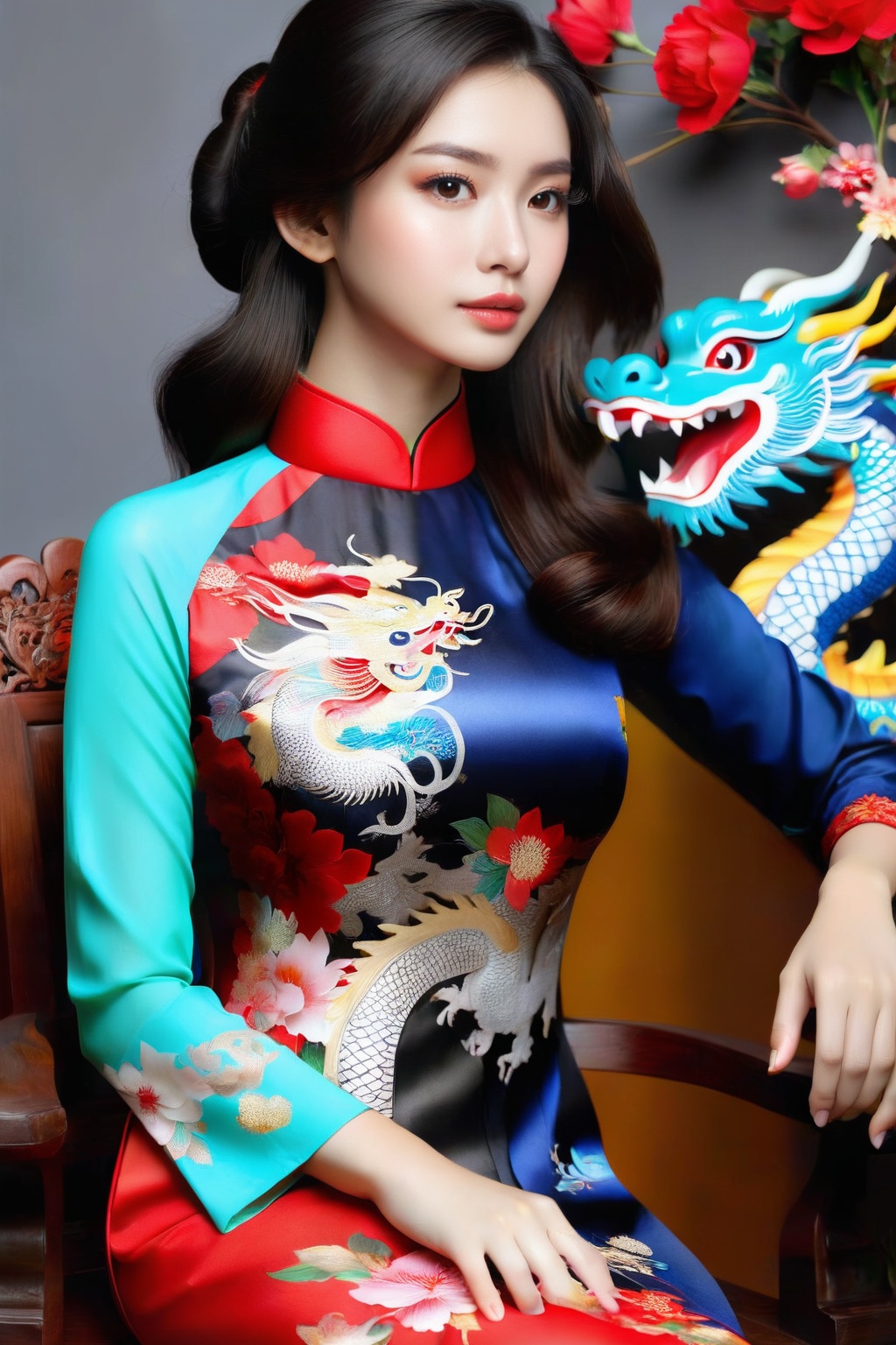 A portrait of a beautiful Vietnamese girl in a black ao dai with dragon and floral pattern,  is seated on a wooden chair w...