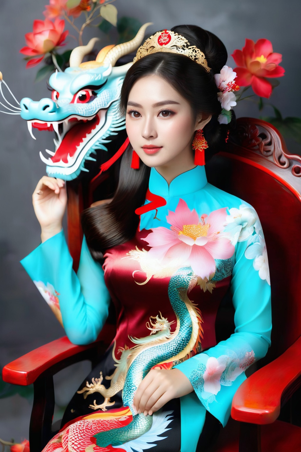 A portrait of a beautiful Vietnamese girl in a black ao dai with dragon and floral pattern,  is seated on a wooden chair w...