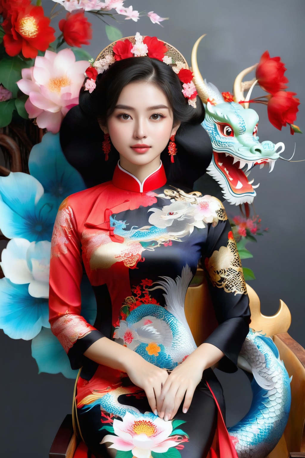 A portrait of a beautiful Vietnamese girl in a black ao dai with dragon and floral pattern,  is seated on a wooden chair w...
