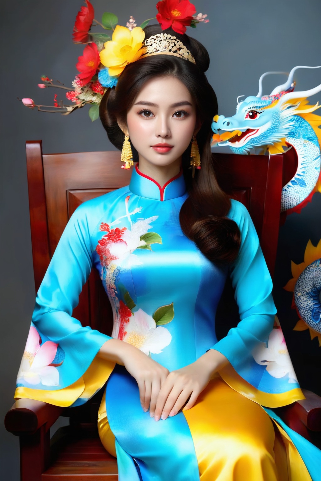 A portrait of a beautiful Vietnamese girl in a blue yellow ao dai with dragon and floral pattern,  is seated on a wooden c...