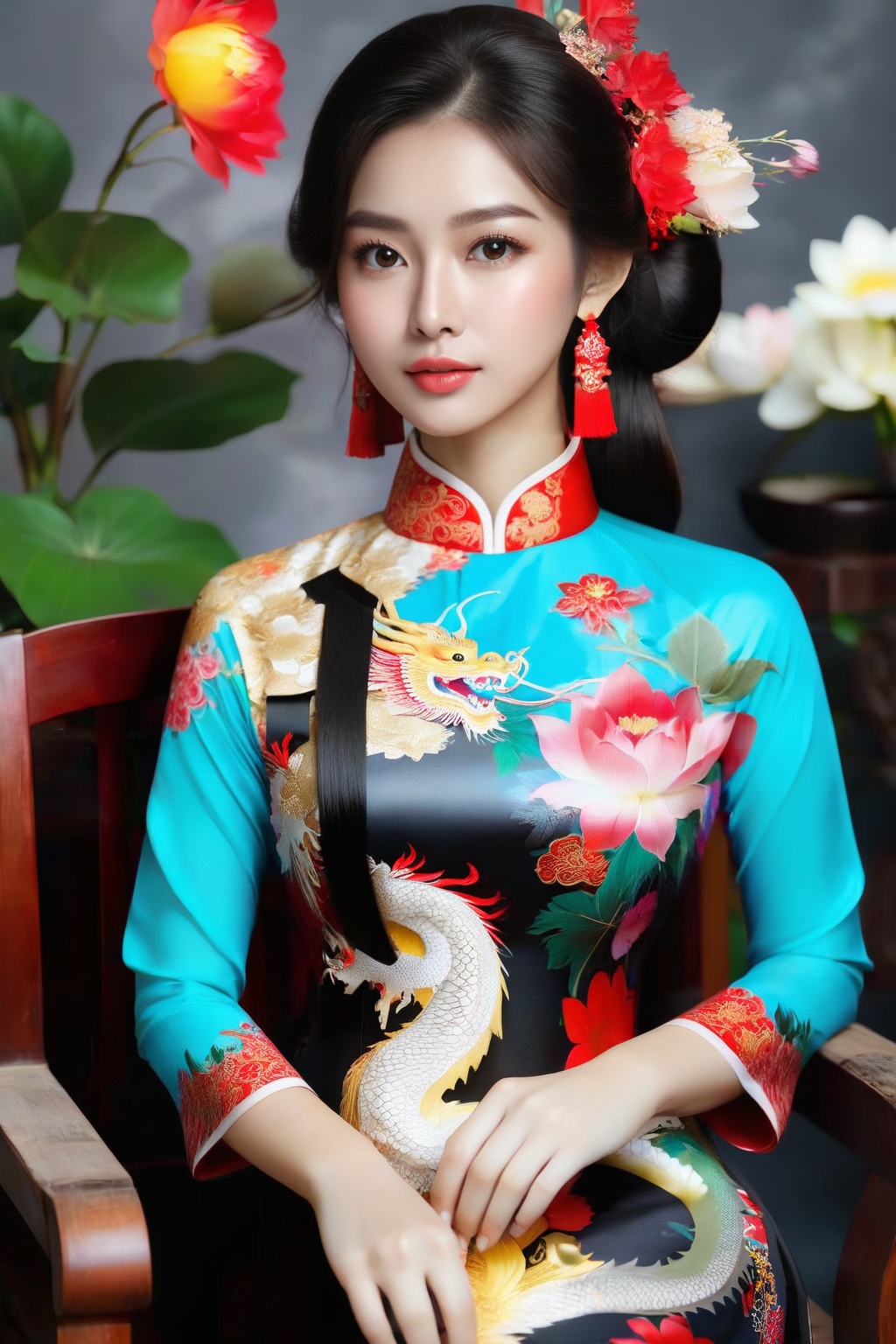 A portrait of a beautiful Vietnamese girl in a black ao dai with dragon and floral pattern,  is seated on a wooden chair w...