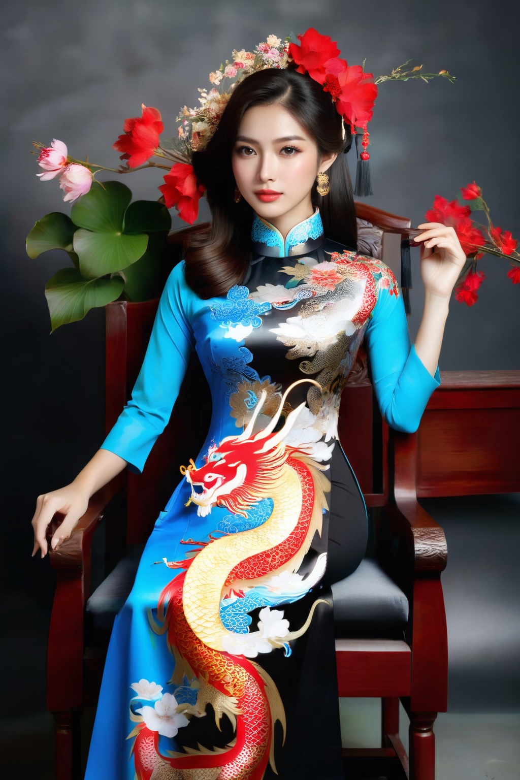 A portrait of a beautiful Vietnamese girl in a black ao dai with dragon and floral pattern,  is seated on a wooden chair w...