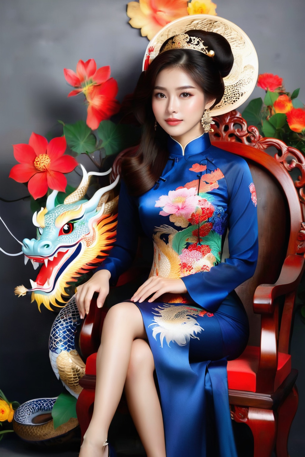 A portrait of a beautiful Vietnamese girl in a black ao dai with dragon and floral pattern,  is seated on a wooden chair w...