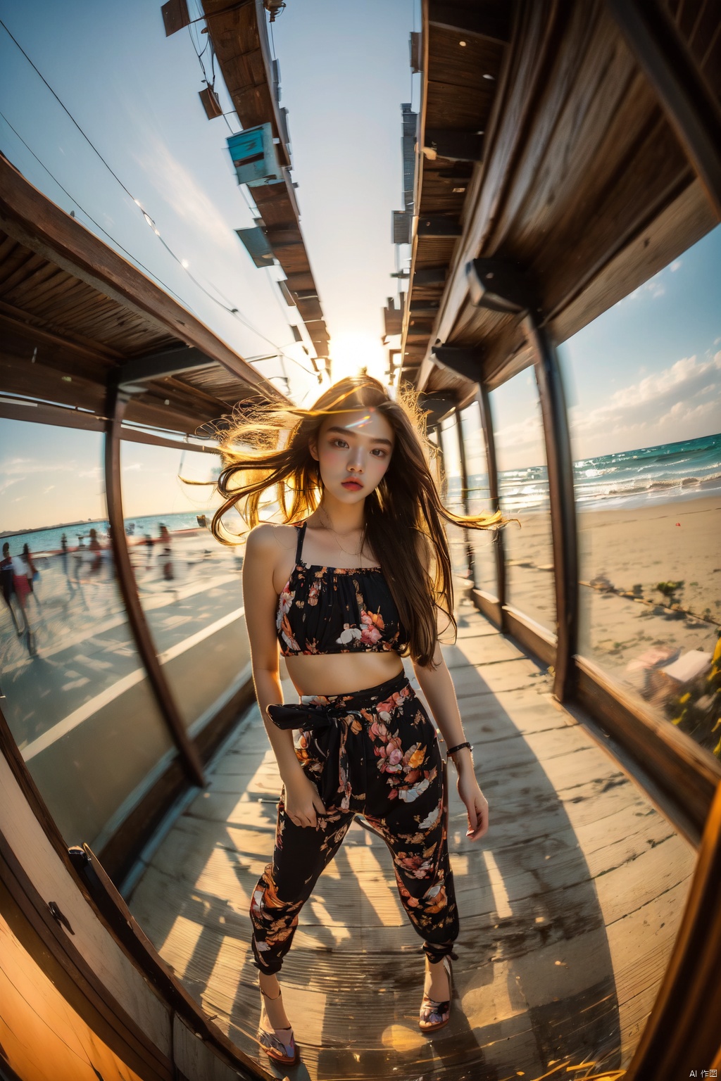  1girl, fisheye, selfie, full body, wind, messy hair, sunset, beach, (aesthetics and atmosphere:1.2),behisheroine