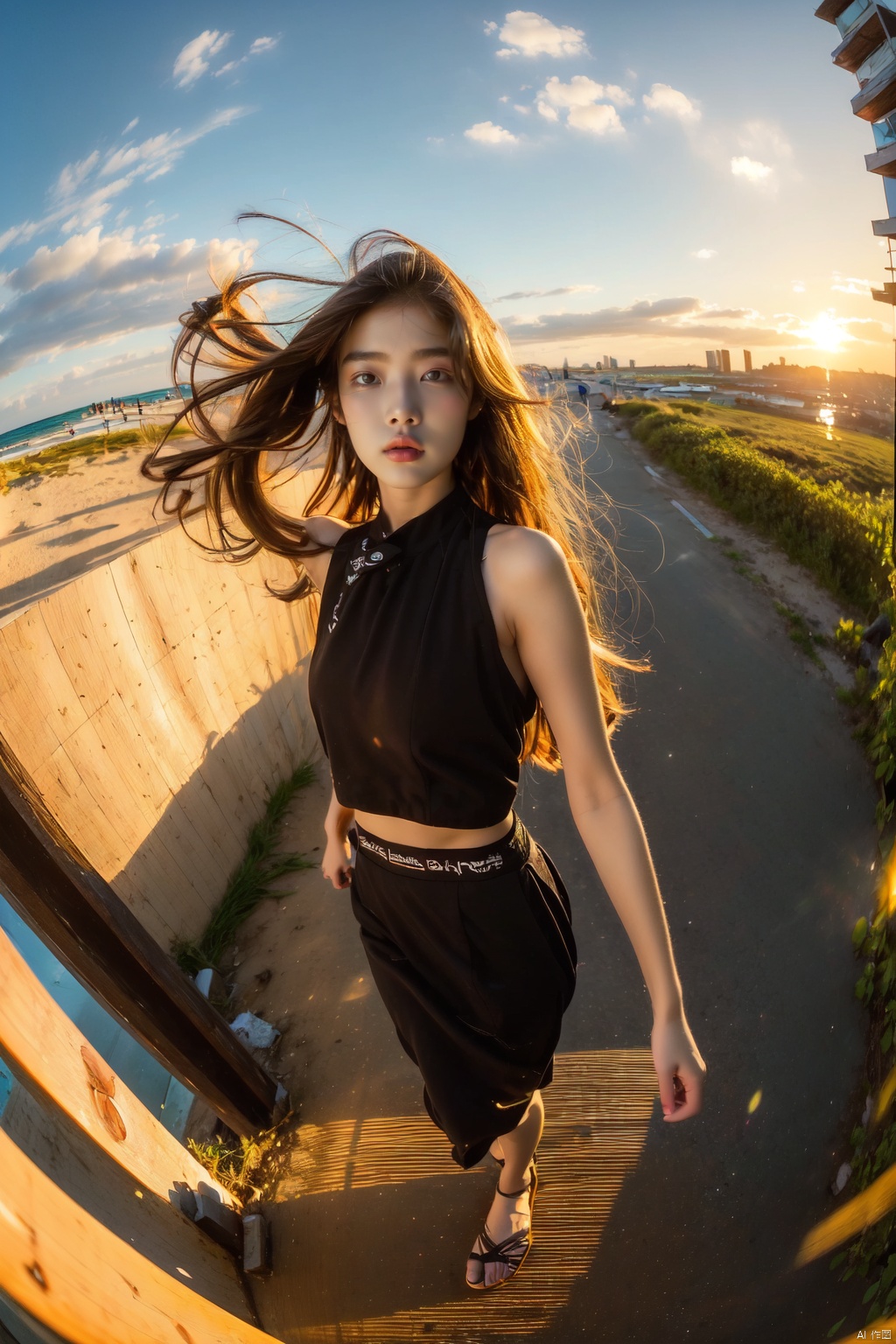  1girl, fisheye, selfie, full body, wind, messy hair, sunset, beach, (aesthetics and atmosphere:1.2),behisheroine