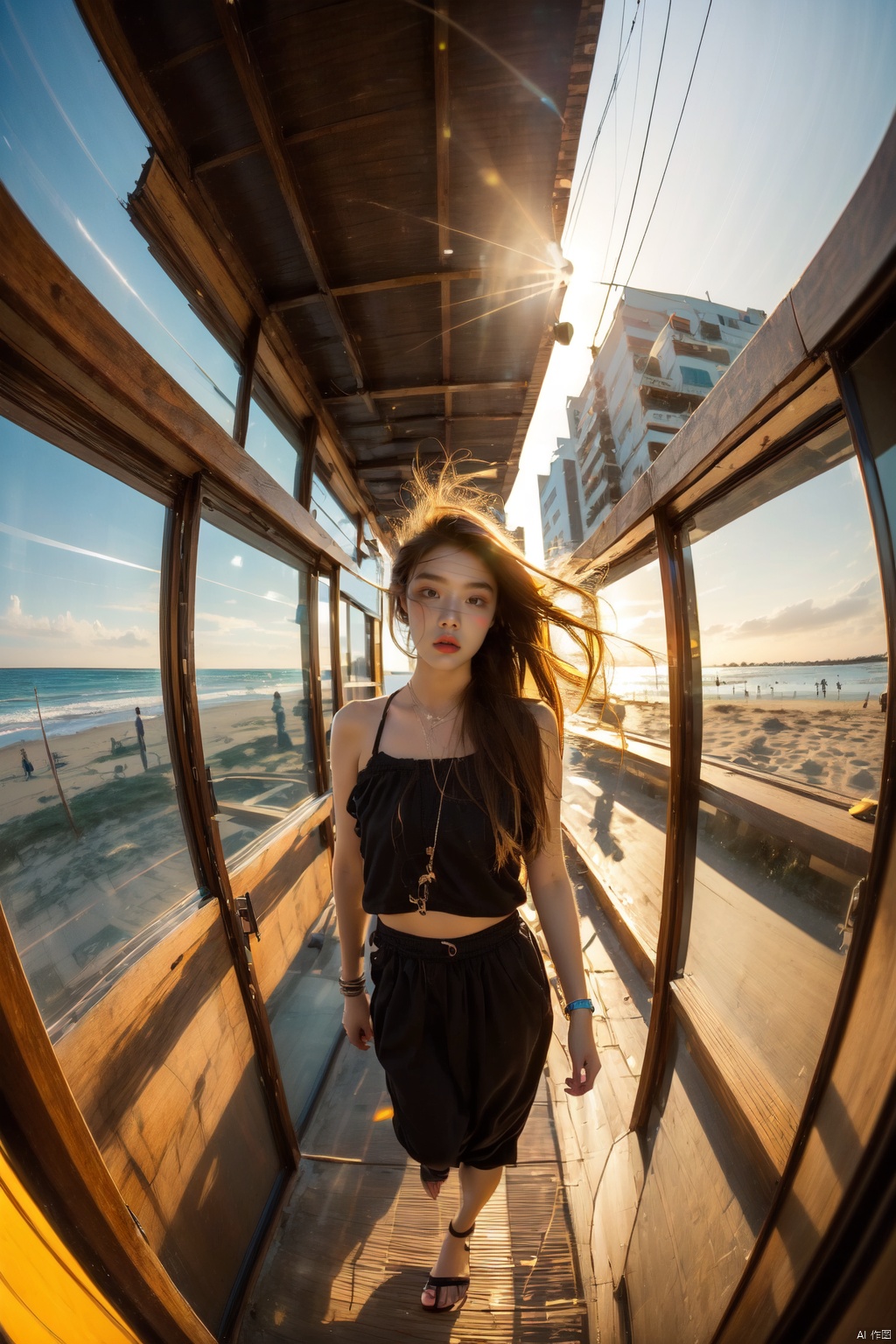  1girl, fisheye, selfie, full body, wind, messy hair, sunset, beach, (aesthetics and atmosphere:1.2),behisheroine