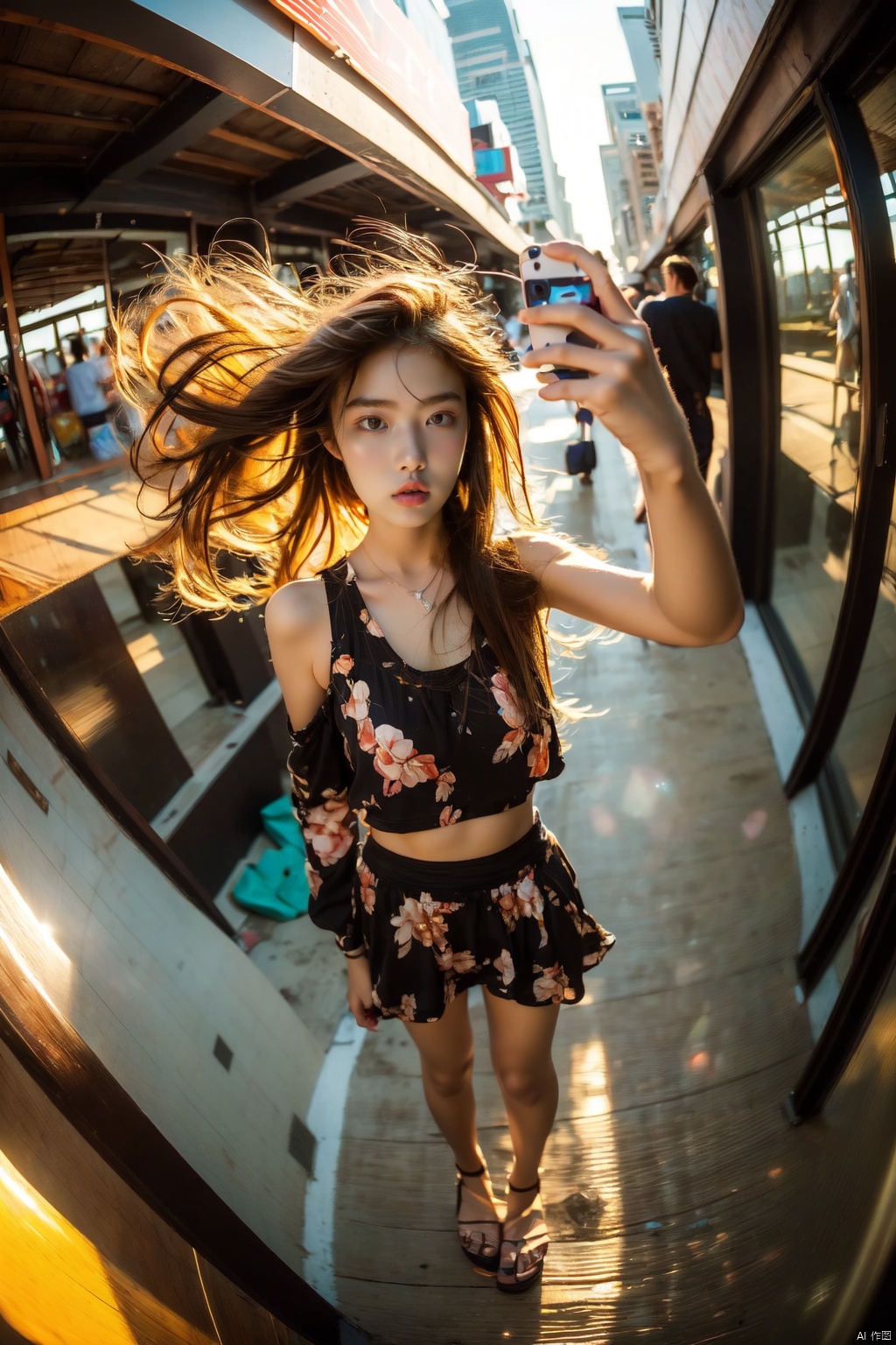  1girl, fisheye, selfie, full body, wind, messy hair, sunset, beach, (aesthetics and atmosphere:1.2),behisheroine