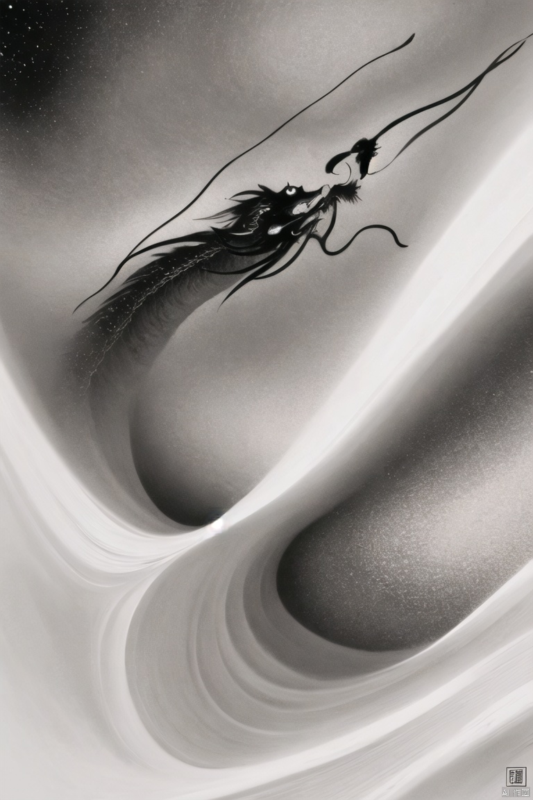 A majestic Chinese dragon depicted in ink, showcasing its intricate details and flowing movements. The artwork is presented in monochrome and greyscale, exuding a timeless and traditional atmosphere. The dragon emerges from wispy clouds, creating a sense of mystique and grandeur. The composition focuses solely on the dragon itself, with no inclusion of human figures. The artwork is bordered with delicate patterns, paying homage to fine art parodies. The dragon is portrayed as an Eastern dragon, capturing the essence of Chinese mythology and culture. Its expression is intense and enigmatic, reflecting its mythical nature. (best quality,4k,8k,highres,masterpiece:1.2),ultra-detailed,(realistic,photorealistic,photo-realistic:1.37), HDR, UHD, studio lighting, ultra-fine painting, sharp focus, physically-based rendering, extreme detail description, professional, vivid colors, bokeh. Art Style: Fine art, Traditional, Eastern, Mythical Color Palette: Monochrome, Greyscale Lighting: Soft, diffused lighting emphasize, Chinese Dragon