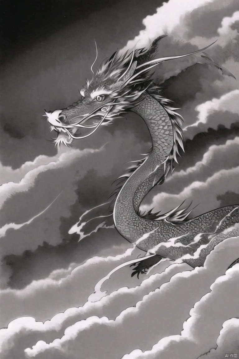 Chinese Dragon

ink dragon

monochrome

greyscale

cloud

no humans

, Chinese Dragon