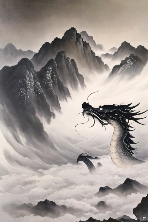 (best quality,ultra-detailed,realistic:1.37),ink dragon,monochrome,within the mist,claws,facial expression,ink landscape,detailed eyes,serene atmosphere,ink wash strokes,ethereal,light and shadow contrasts,black and white tones,subtle gradations,traditional Chinese painting,dreamlike ambiance,traditional ink techniques,sublime beauty,flowing water,dragon scales,artistic representation,flourishing ink splatters,majestic presence,hidden within the clouds,entangled mist,spiritual presence,traditional aesthetics,graceful movement,dynamic ink lines,dramatic composition,monumental ink mountains,captivating ink textures,expressive ink strokes,mysterious aura,intricate ink details,poetic depth,lively brushwork,ink wash blending., Chinese Dragon