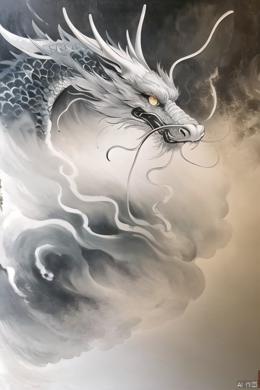 (best quality,ultra-detailed,realistic:1.37),ink dragon,monochrome,within the mist,claws,facial expression,ink landscape,detailed eyes,serene atmosphere,ink wash strokes,ethereal,light and shadow contrasts,black and white tones,subtle gradations,traditional Chinese painting,dreamlike ambiance,traditional ink techniques,sublime beauty,flowing water,dragon scales,artistic representation,flourishing ink splatters,majestic presence,hidden within the clouds,entangled mist,spiritual presence,traditional aesthetics,graceful movement,dynamic ink lines,dramatic composition,monumental ink mountains,captivating ink textures,expressive ink strokes,mysterious aura,intricate ink details,poetic depth,lively brushwork,ink wash blending., Chinese Dragon