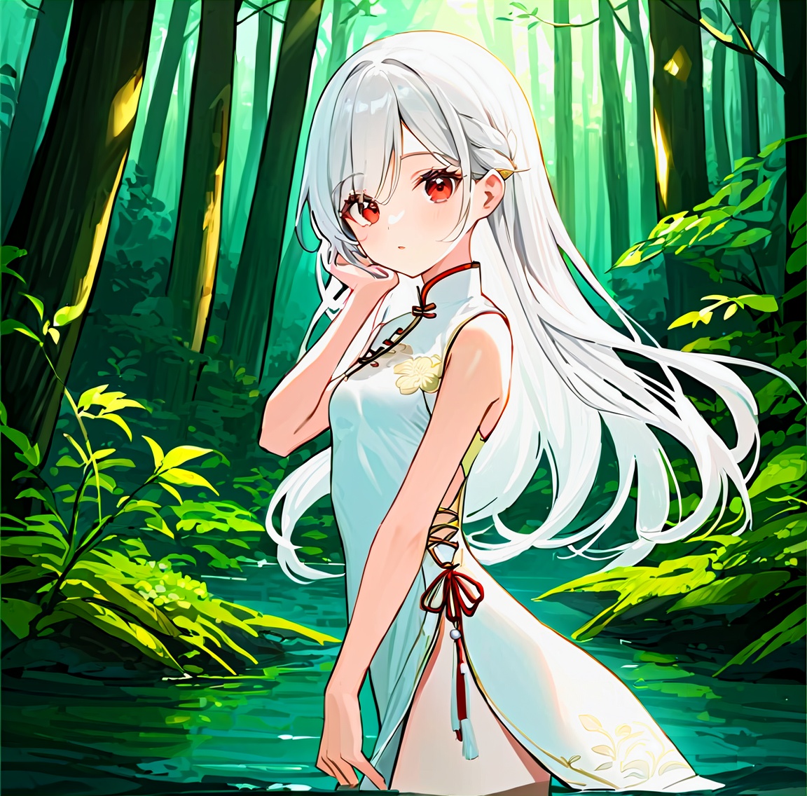front,beautiful detail eyes,white cheongsam,1girl,white swimsuit,white hair,long hair,small breasts,standing,face viewer,elf,red eyes,forest,water,, masterpiece, best quality