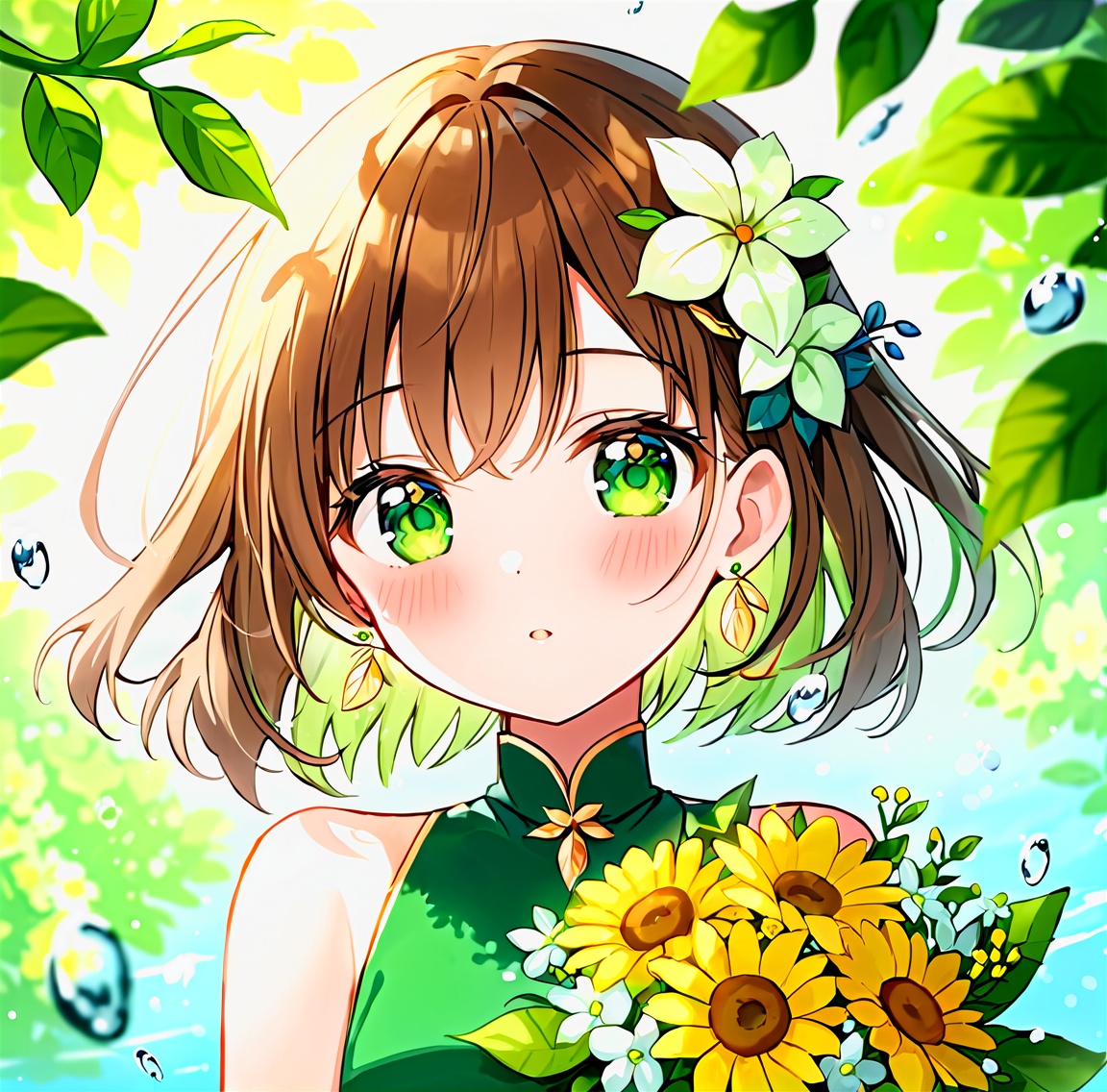 1girl, solo, looking_at_viewer, blush, bangs, brown_hair, hair_ornament, dress, holding, bare_shoulders, green_eyes, upper_body, flower, earrings, parted_lips, green_hair, sleeveless, hair_flower, medium_hair, blurry, sleeveless_dress, floating_hair, leaf, white_flower, green_dress, water_drop, blurry_foreground, bouquet, yellow_flower, masterpiece, best quality