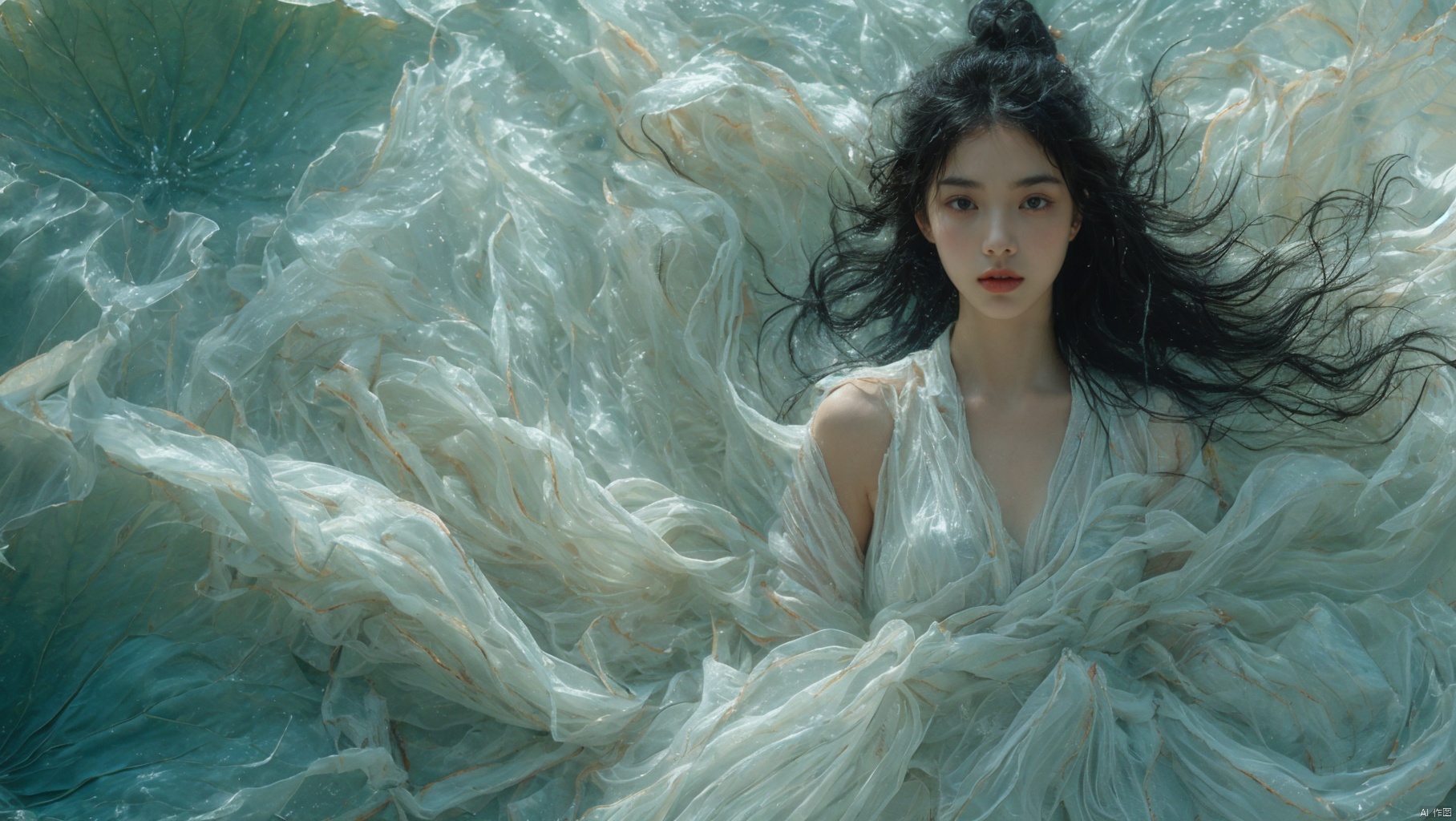  sdmai,bohenv,Lotus,lotus pond,water drops,1girl,solo,realistic,flower,looking at viewer,water,black hair,parted lips,jewelry,long hair,earrings,browneyes,lips,