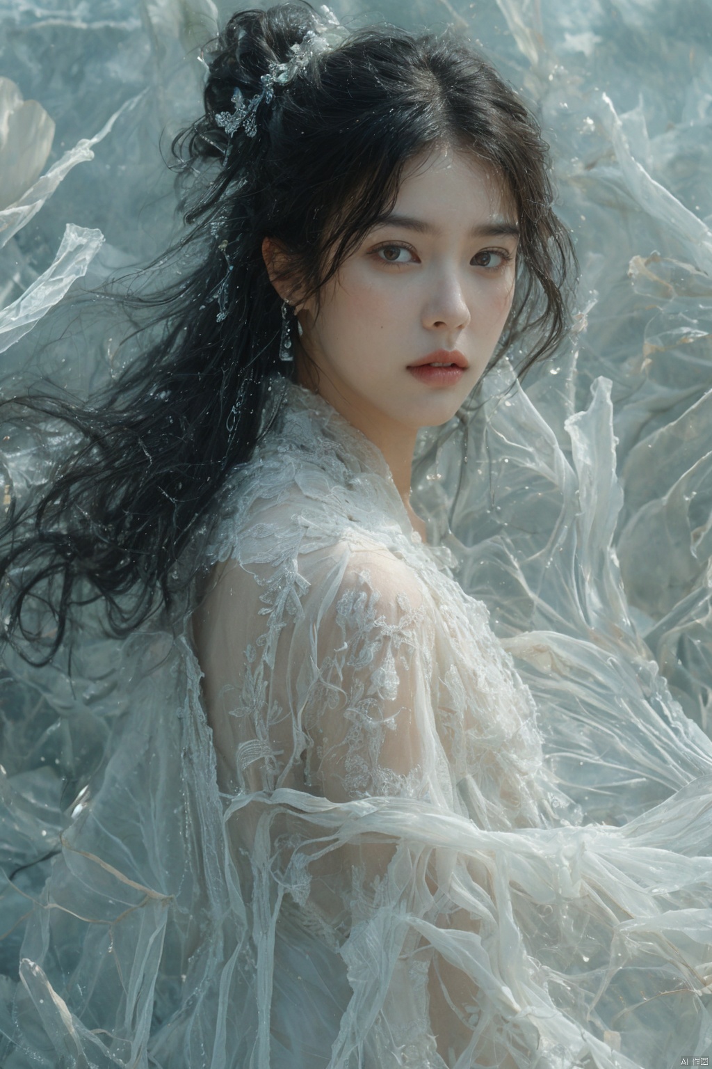 sdmai,bohenv,Lotus,lotus pond,water drops,1girl,solo,realistic,flower,looking at viewer,water,black hair,parted lips,jewelry,long hair,earrings,brown eyes,lips,
,