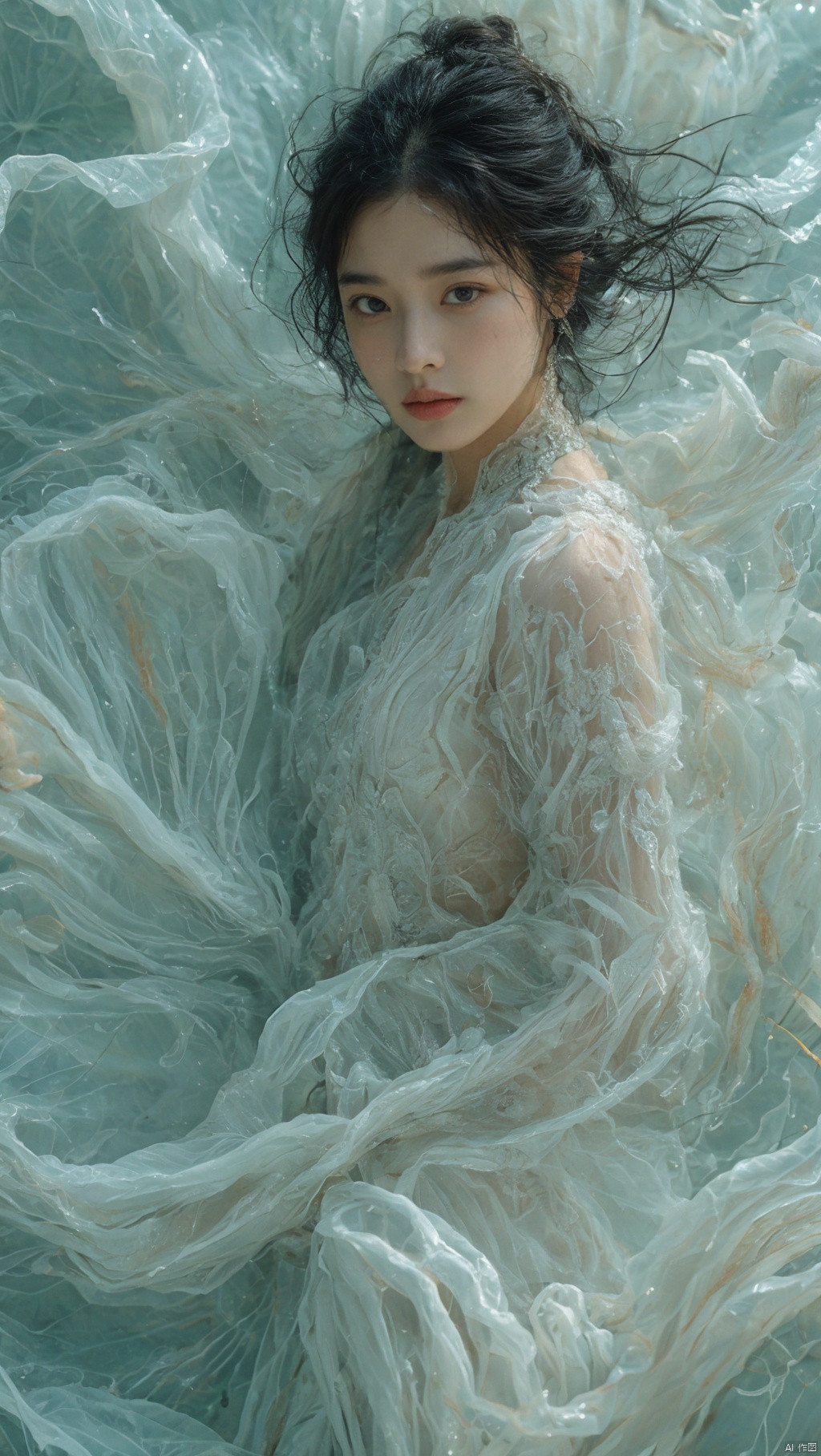 sdmai,bohenv,Lotus,lotus pond,water drops,1girl,solo,realistic,flower,looking at viewer,water,black hair,parted lips,jewelry,long hair,earrings,browneyes,lips,