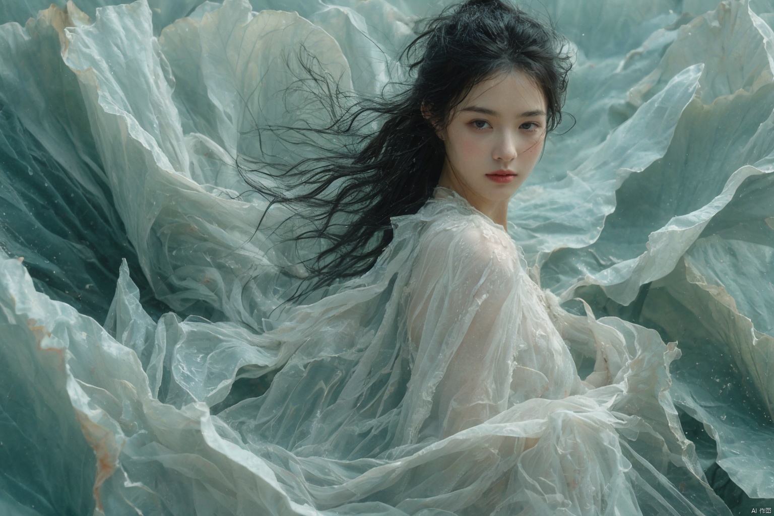 sdmai, bohenv, Lotus, lotus pond, water drops, 1girl, solo, looking at viewer, brown eyes, realistic, parted lips, flower, brown hair, long hair