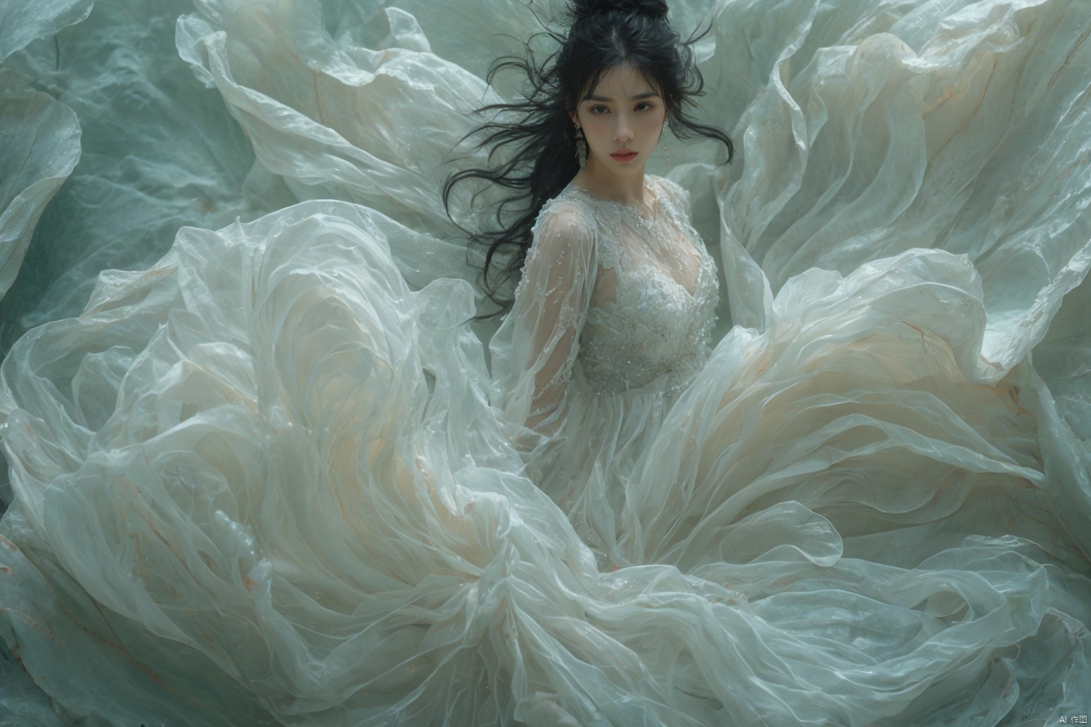 sdmai,bohenv,Lotus,lotus pond,water drops,1girl,solo,realistic,moon,black hair,breasts,long hair,dress,looking at viewer,white dress,full moon,medium breasts,water,parted lips,facial mark,
,
