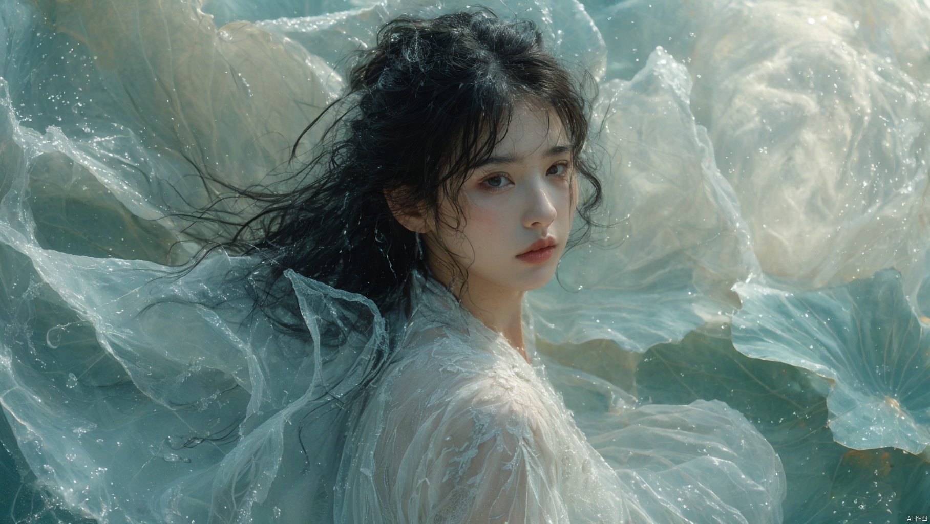 sdmai,bohenv,Lotus,lotus pond,water drops,1girl,solo,realistic,flower,looking at viewer,water,black hair,parted lips,jewelry,long hair,earrings,browneyes,lips,