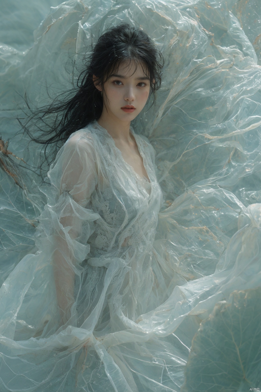sdmai,bohenv,Lotus,lotus pond,water drops,1girl,solo,realistic,moon,black hair,breasts,long hair,dress,looking at viewer,white dress,full moon,medium breasts,water,parted lips,facial mark,
,