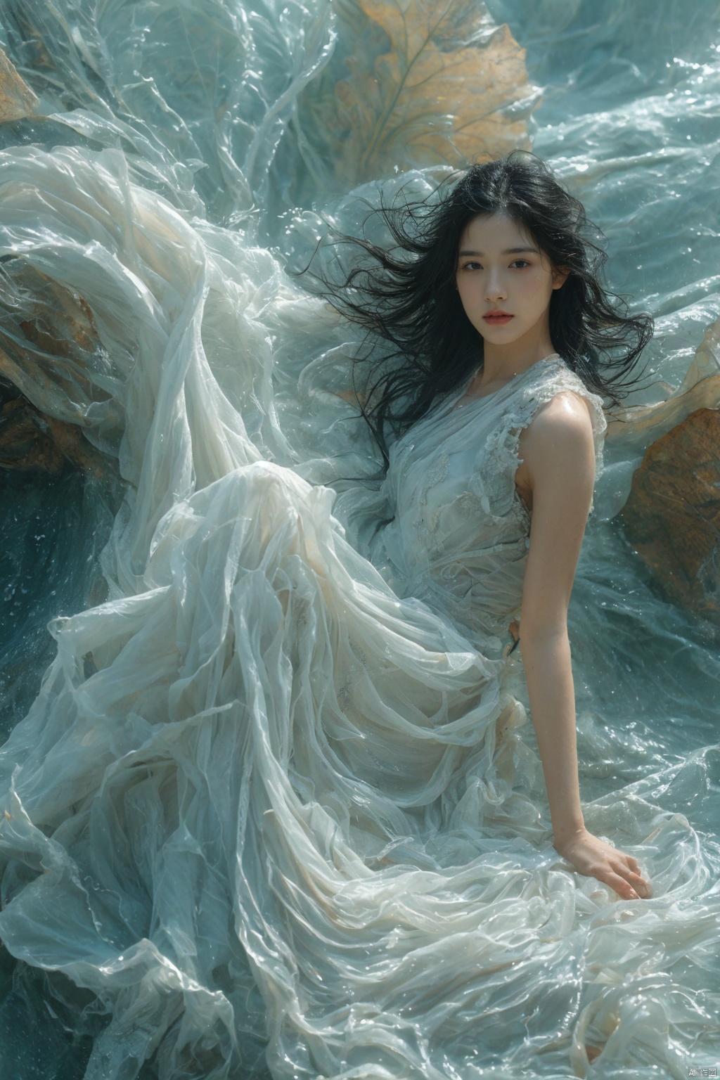 sdmai,bohenv,Lotus,lotus pond,water drops,1girl,realistic,solo,jewelry,black hair,earrings,long hair,dress,looking at viewer,white dress,breasts,
,
,