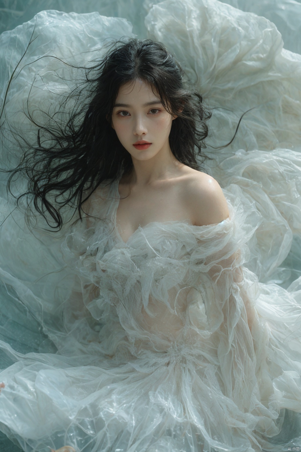 sdmai,bohenv,Lotus,lotus pond,water drops,1girl,solo,realistic,moon,black hair,breasts,long hair,dress,looking at viewer,white dress,full moon,medium breasts,water,parted lips,facial mark,
,